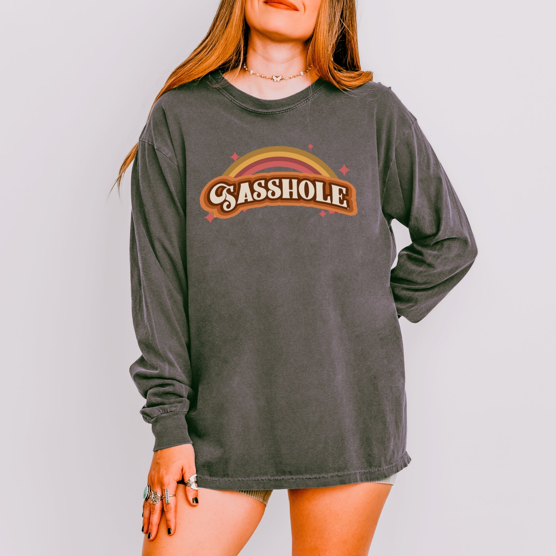 Sasshole® Women’s Comfort Colors® Long Sleeve Tee – “Retro Rainbow” Funny Graphic Shirt, Bold Statement Top