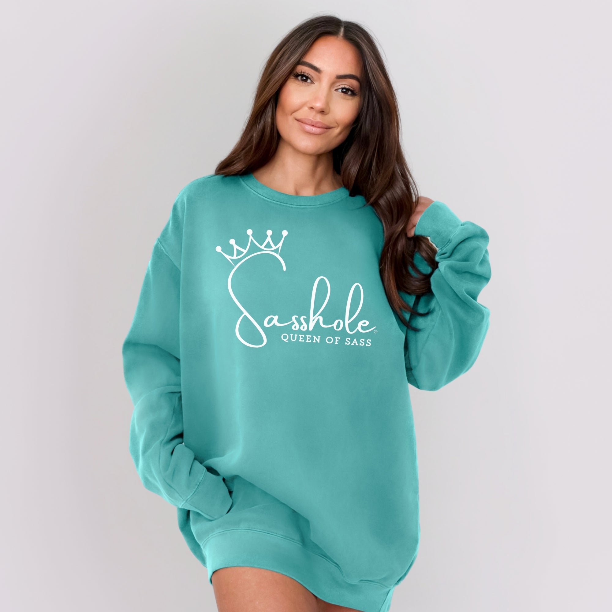 Image of Sasshole Queen of Sass Relaxed Fit Comfort Colors® Sweatshirt – Funny Women’s Graphic Pullover