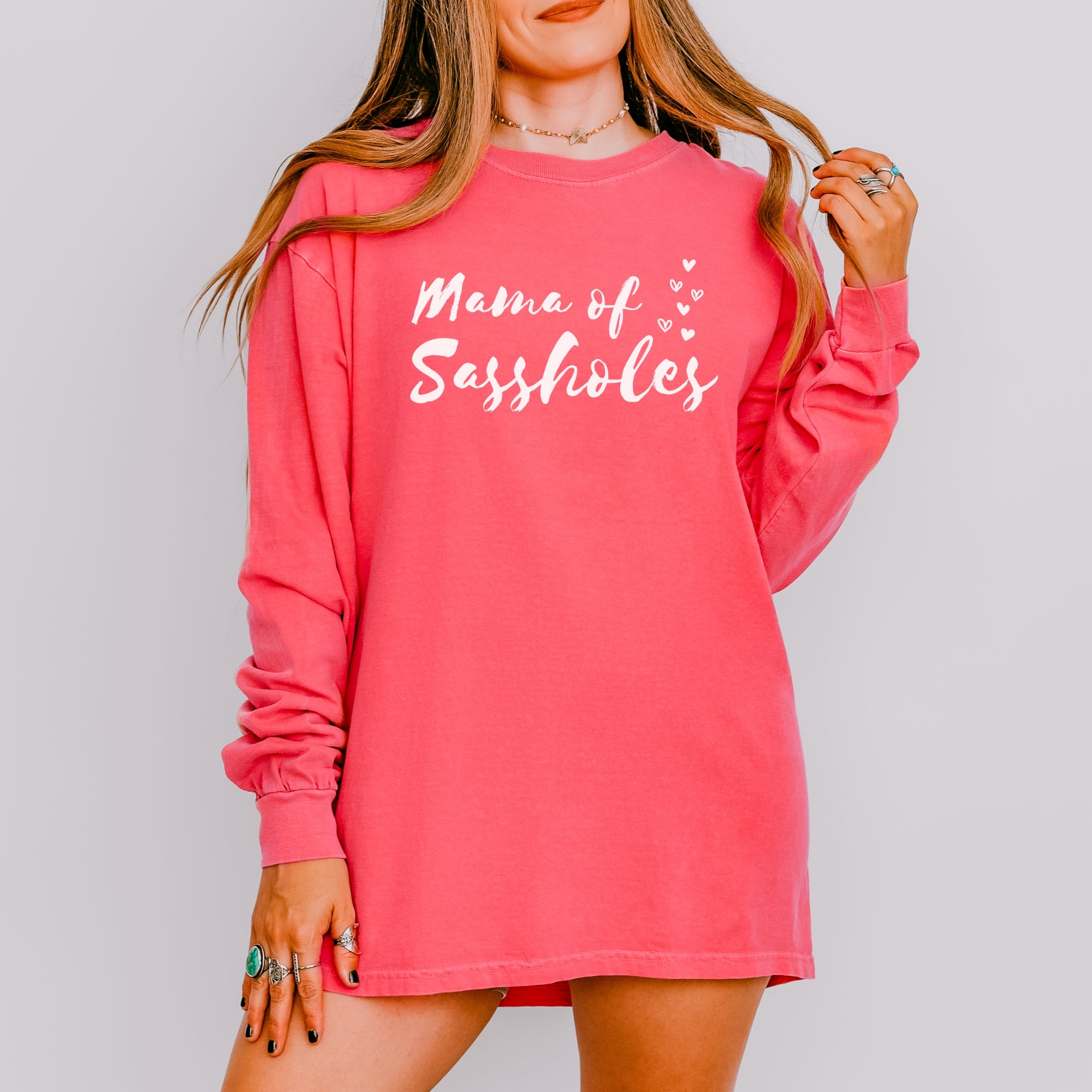 Image of Mama of Sassholes® Women’s Comfort Colors® Long Sleeve Tee – Funny Graphic Shirt for Moms, Bold Statement Top