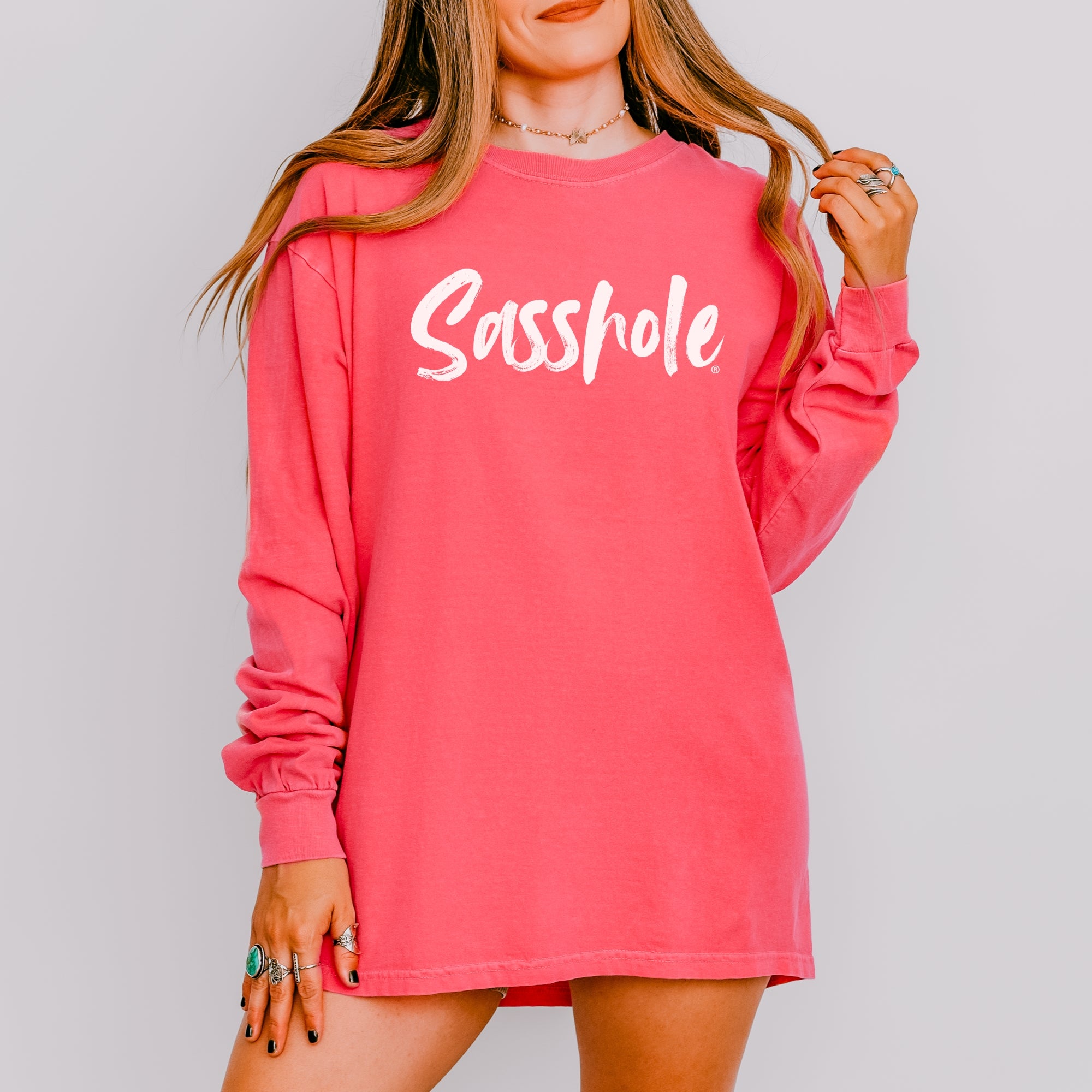 Image of Sasshole® Women’s Comfort Colors® Long Sleeve Tee – Bold Script Logo, Funny Graphic Shirt