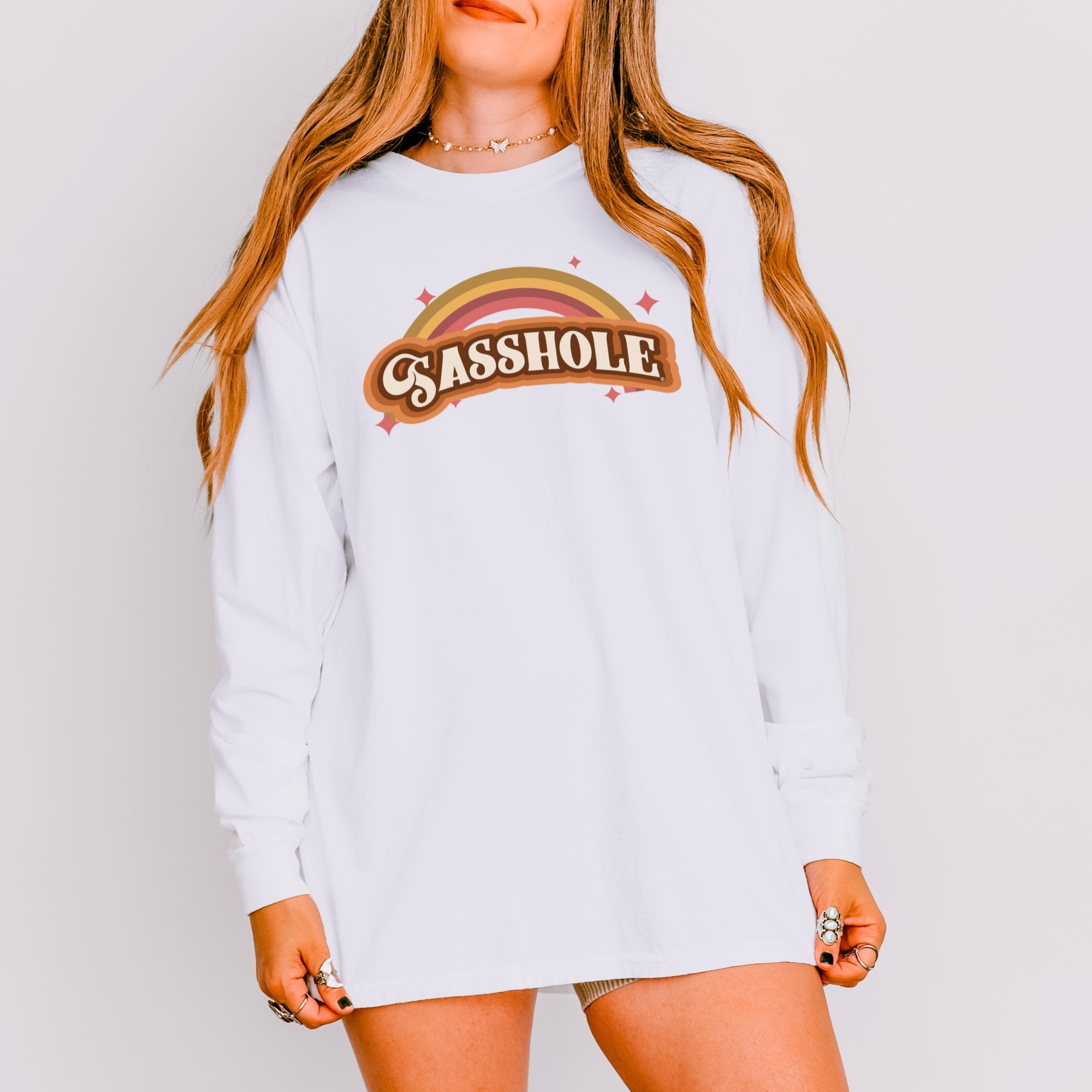 Image of Sasshole® Women’s Comfort Colors® Long Sleeve Tee – “Retro Rainbow” Funny Graphic Shirt, Bold Statement Top