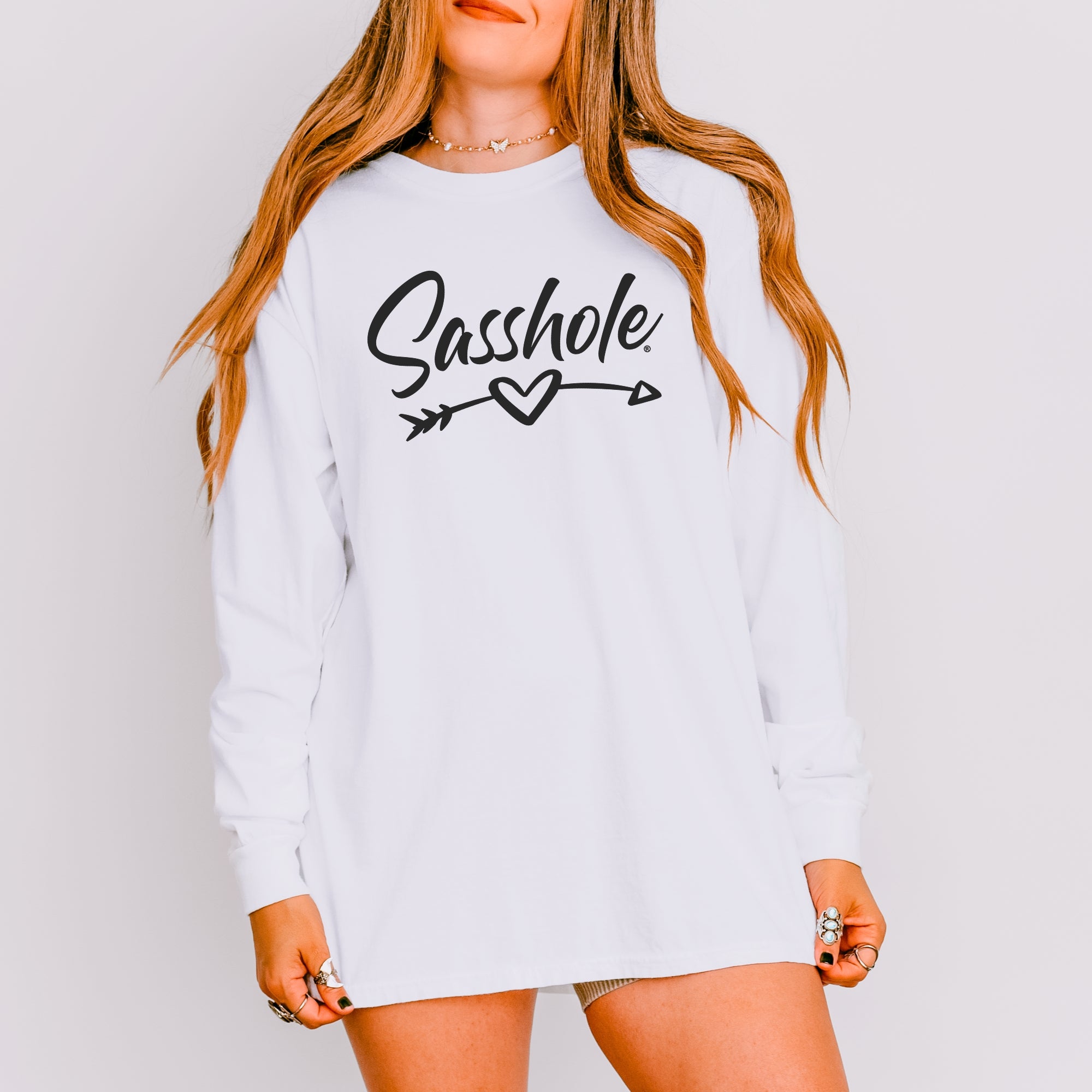 Image of Sasshole® Women’s Long Sleeve Tee – Heart & Arrow Graphic | Bold, Cozy Attitude