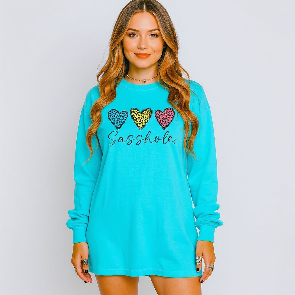 Sasshole® Women’s Comfort Colors® Long Sleeve Tee – “Triple Heart” Funny Graphic T-Shirt, Cozy Statement Shirt