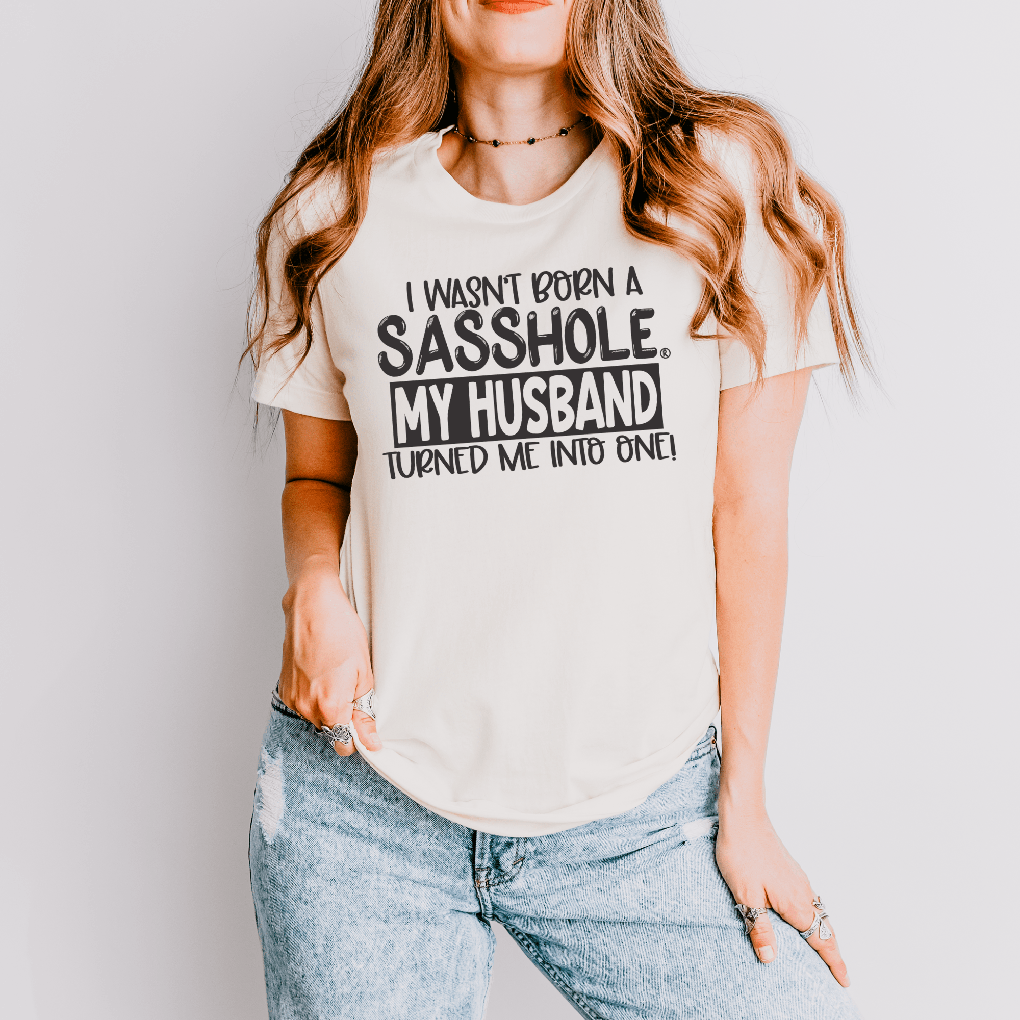 Image of Blame It on the Husband: Sasshole® Funny Women's T-shirts - Funny Graphic Tee by Sasshole® Clothing