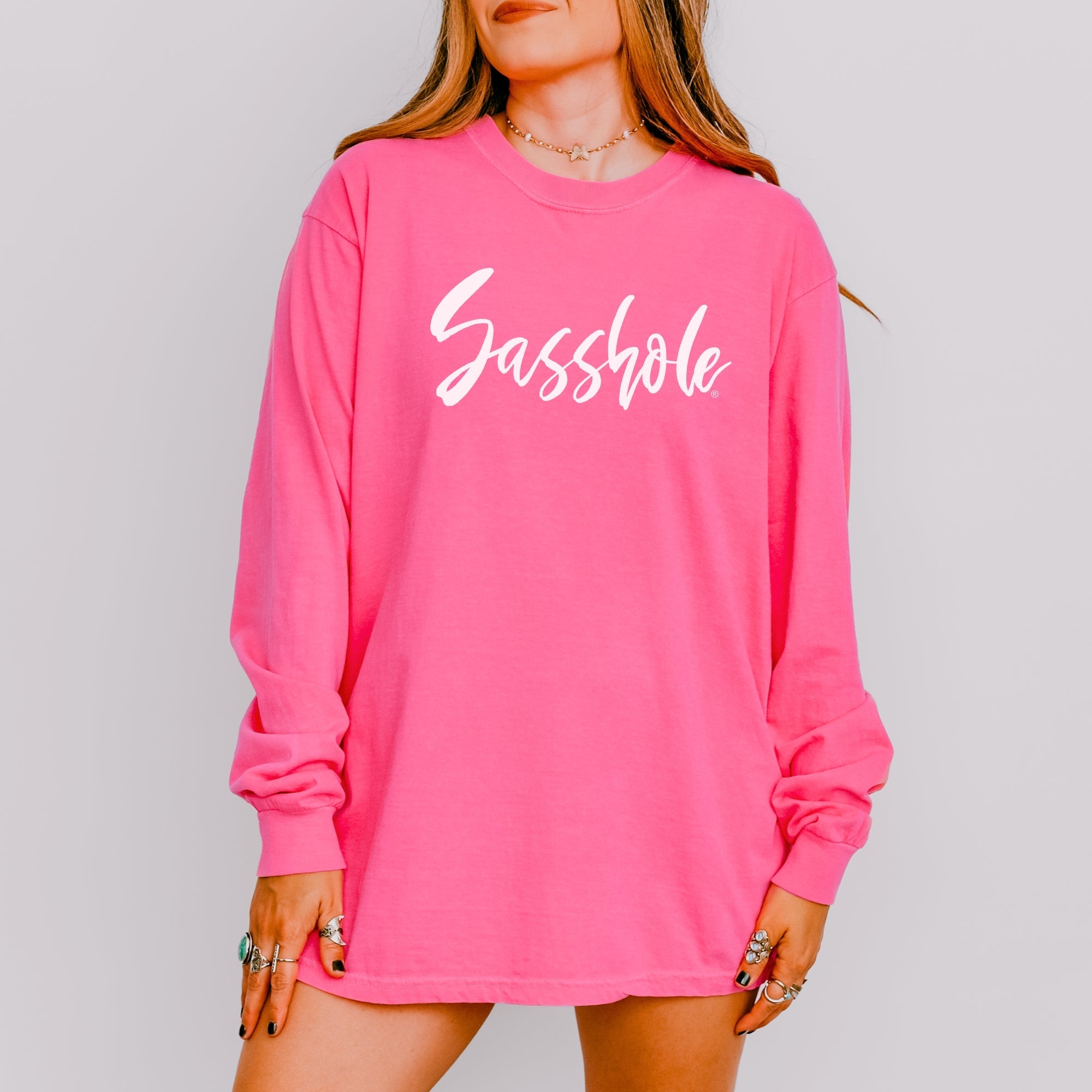 Image of Bold Script Sasshole – Women’s Long Sleeve T-Shirt – Minimalist Statement Tee | Sasshole® - Funny Graphic Tee by Sasshole® Clothing
