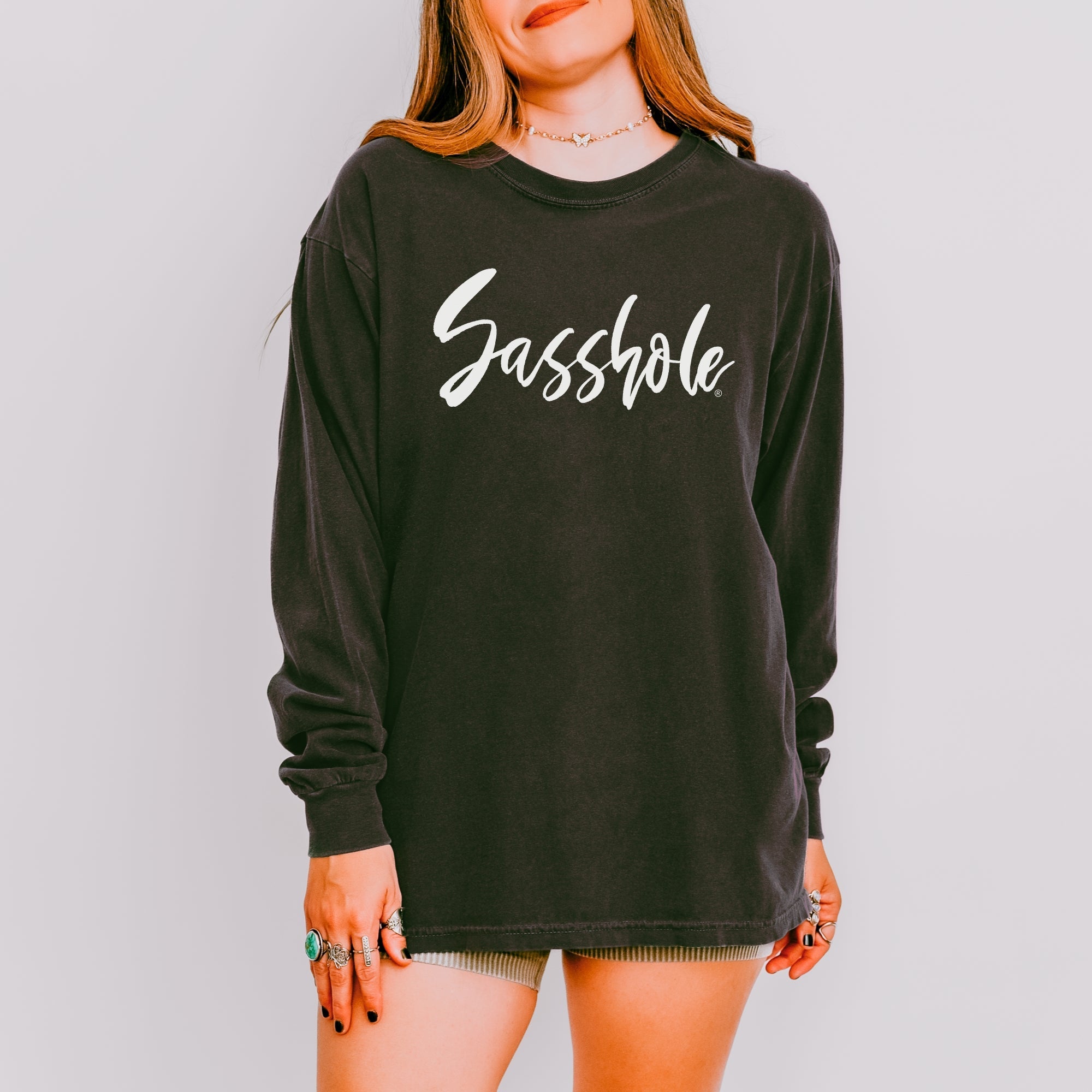 Bold Script Sasshole – Women’s Long Sleeve T-Shirt – Minimalist Statement Tee | Sasshole® - Funny Graphic Tee by Sasshole® Clothing