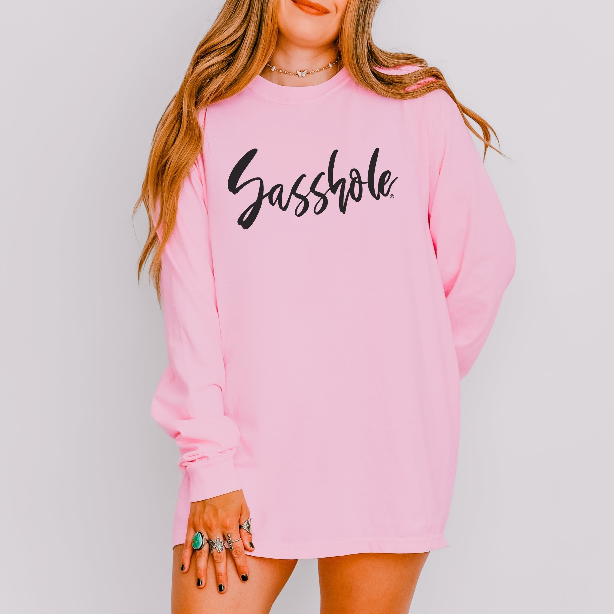 Bold Script Sasshole – Women’s Long Sleeve T-Shirt – Minimalist Statement Tee | Sasshole® - Funny Graphic Tee by Sasshole® Clothing
