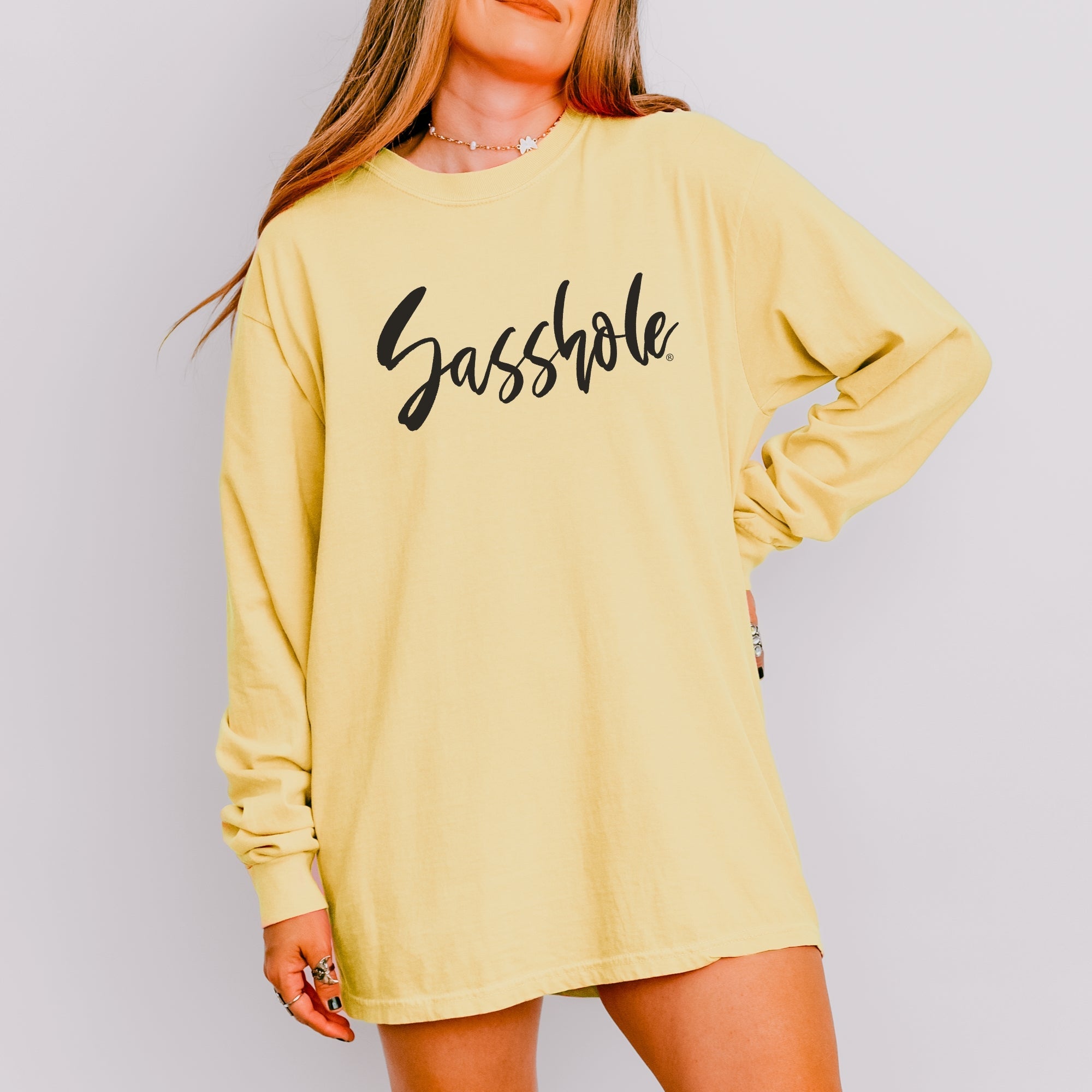 Image of Bold Script Sasshole – Women’s Long Sleeve T-Shirt – Minimalist Statement Tee | Sasshole® - Funny Graphic Tee by Sasshole® Clothing
