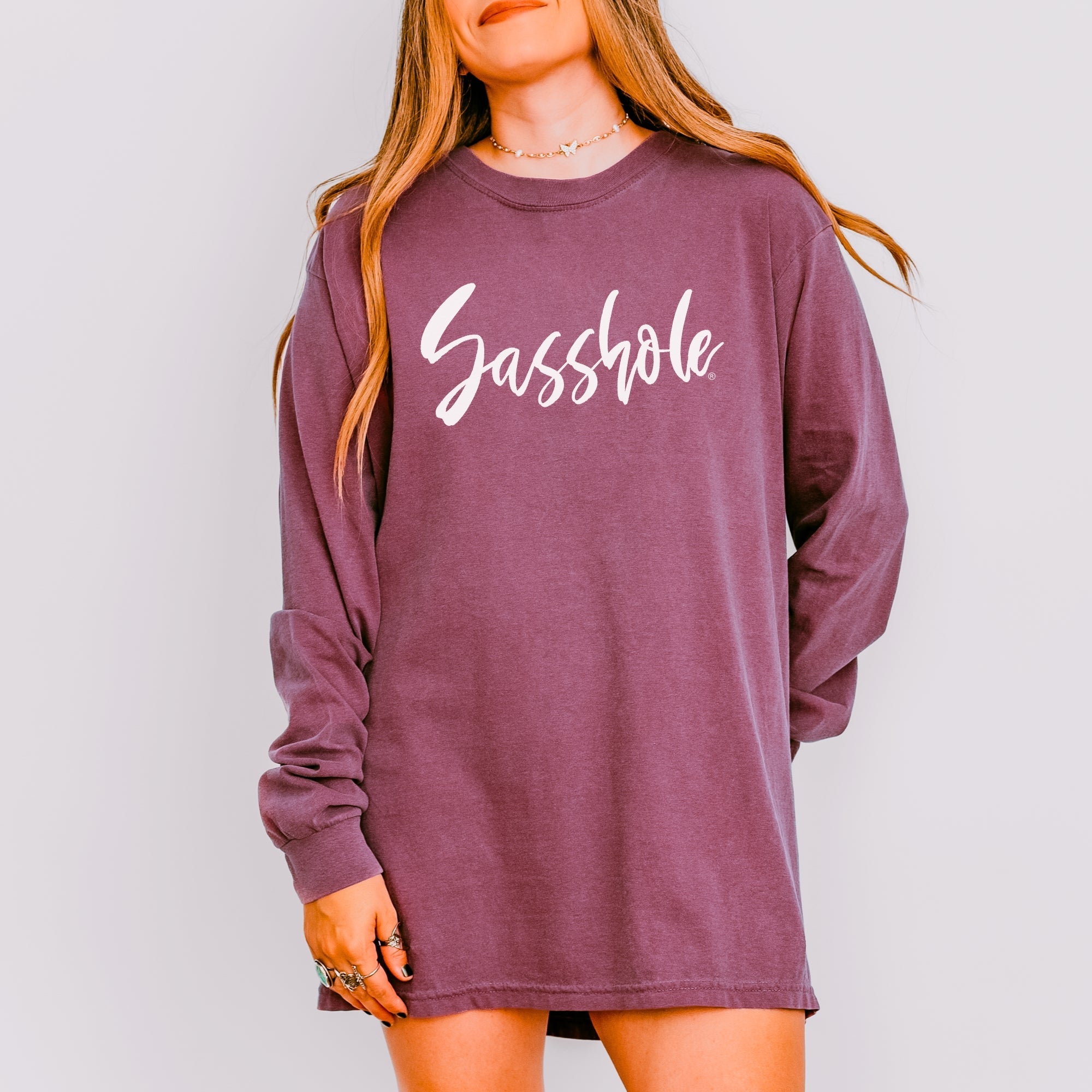 Bold Script Sasshole – Women’s Long Sleeve T-Shirt – Minimalist Statement Tee | Sasshole® - Funny Graphic Tee by Sasshole® Clothing
