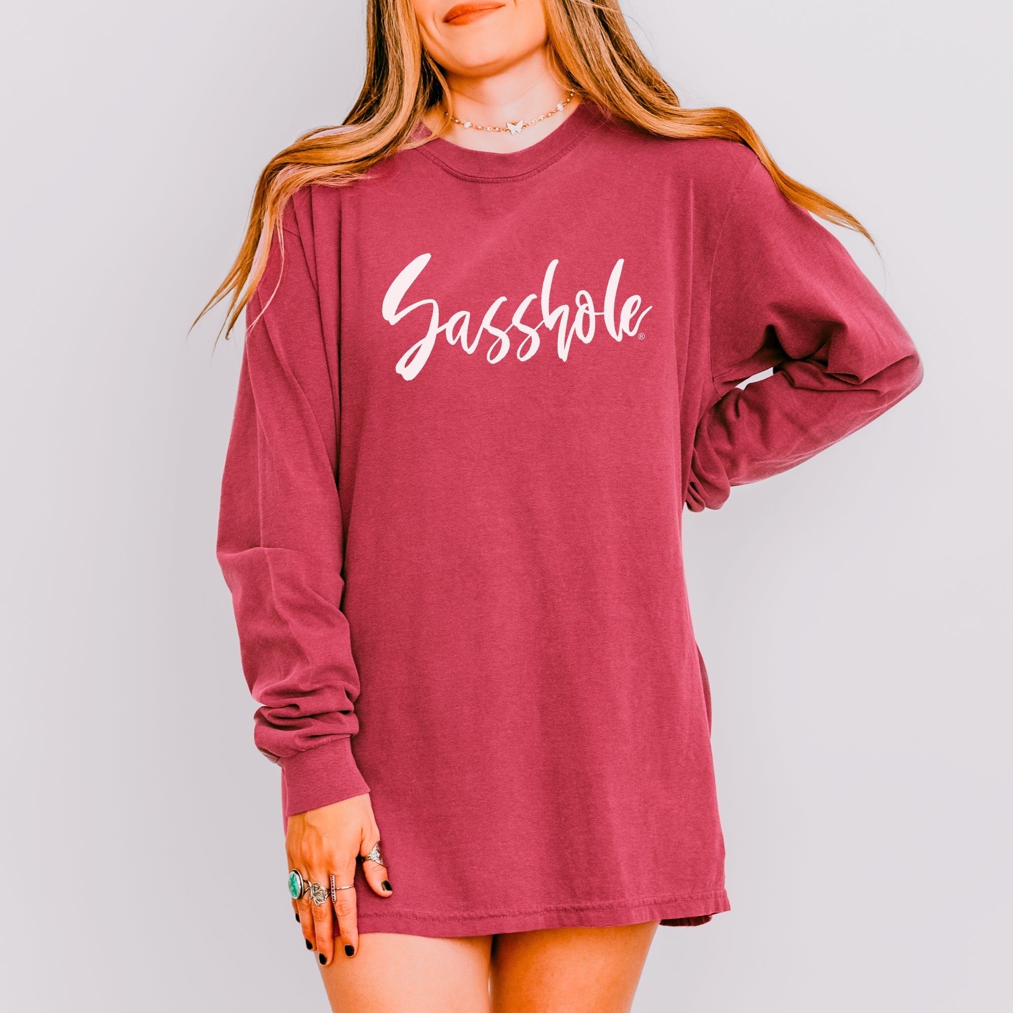 Image of Bold Script Sasshole – Women’s Long Sleeve T-Shirt – Minimalist Statement Tee | Sasshole® - Funny Graphic Tee by Sasshole® Clothing