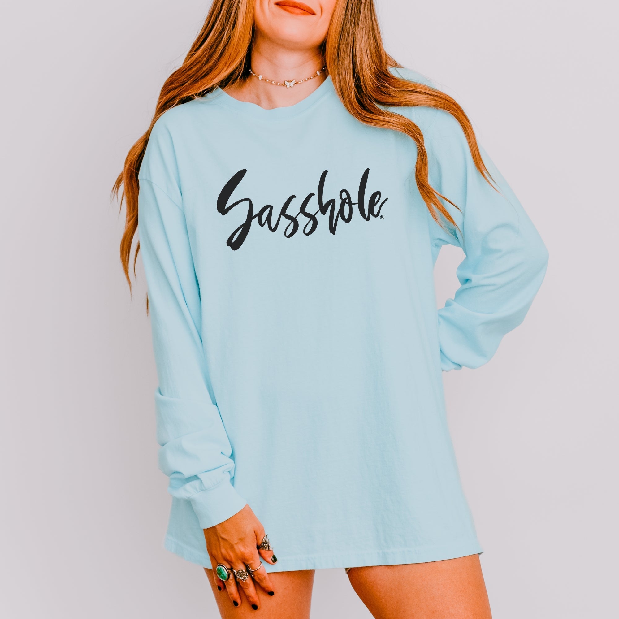 Image of Bold Script Sasshole – Women’s Long Sleeve T-Shirt – Minimalist Statement Tee | Sasshole® - Funny Graphic Tee by Sasshole® Clothing