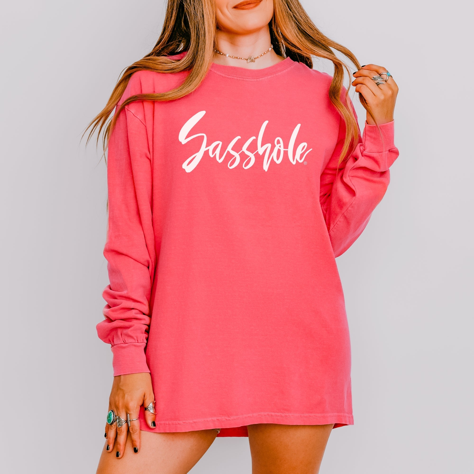 Image of Bold Script Sasshole – Women’s Long Sleeve T-Shirt – Minimalist Statement Tee | Sasshole® - Funny Graphic Tee by Sasshole® Clothing