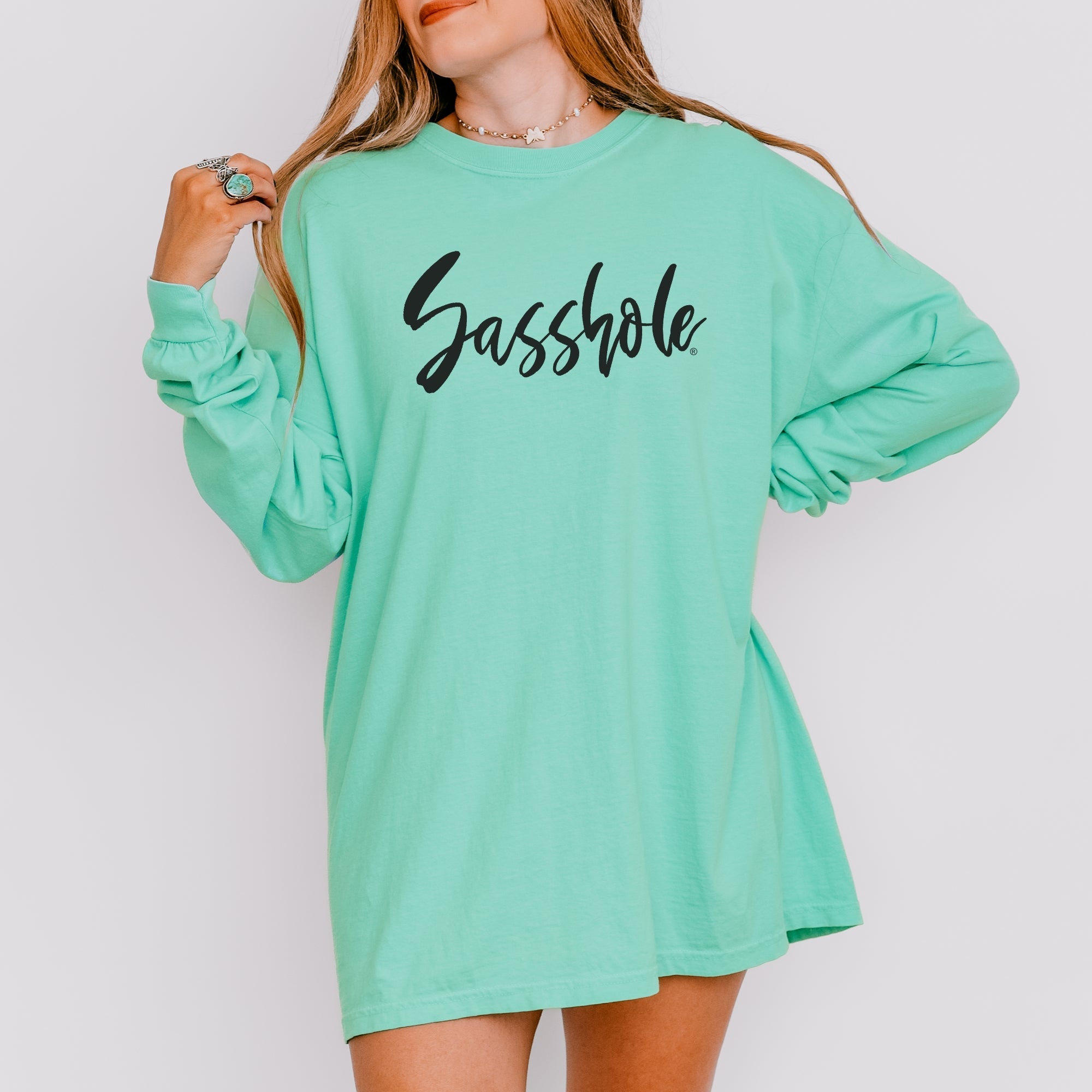 Image of Bold Script Sasshole – Women’s Long Sleeve T-Shirt – Minimalist Statement Tee | Sasshole® - Funny Graphic Tee by Sasshole® Clothing