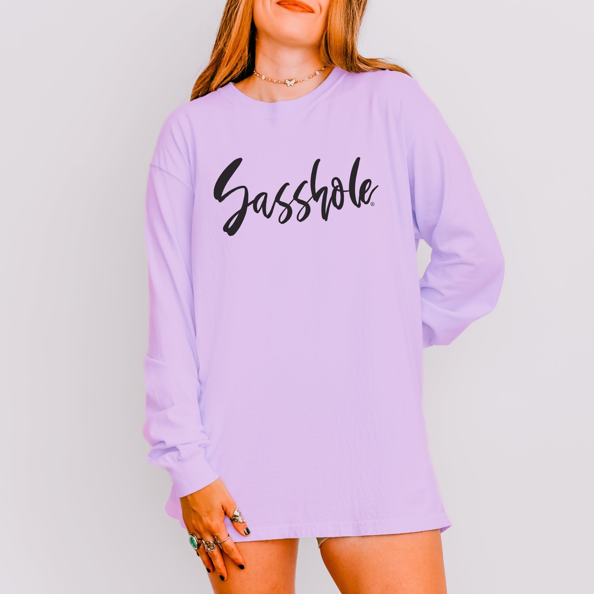 Image of Bold Script Sasshole – Women’s Long Sleeve T-Shirt – Minimalist Statement Tee | Sasshole® - Funny Graphic Tee by Sasshole® Clothing