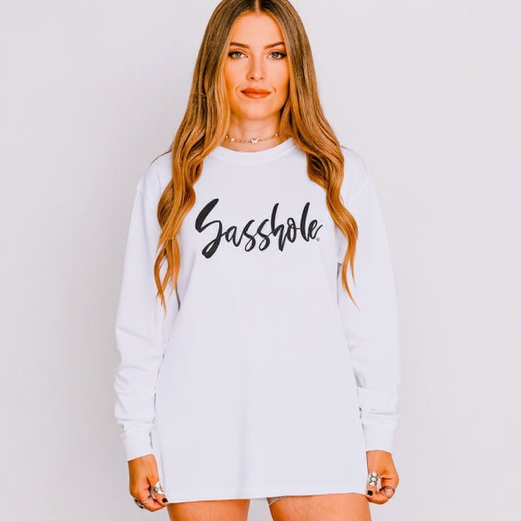 Image of Bold Script Sasshole – Women’s Long Sleeve T-Shirt – Minimalist Statement Tee | Sasshole® - Funny Graphic Tee by Sasshole® Clothing