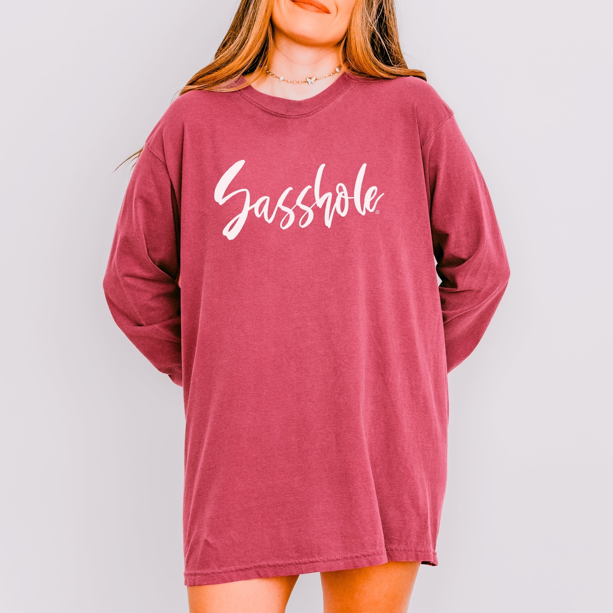 Bold Script Sasshole – Women’s Long Sleeve T-Shirt – Minimalist Statement Tee | Sasshole® - Funny Graphic Tee by Sasshole® Clothing