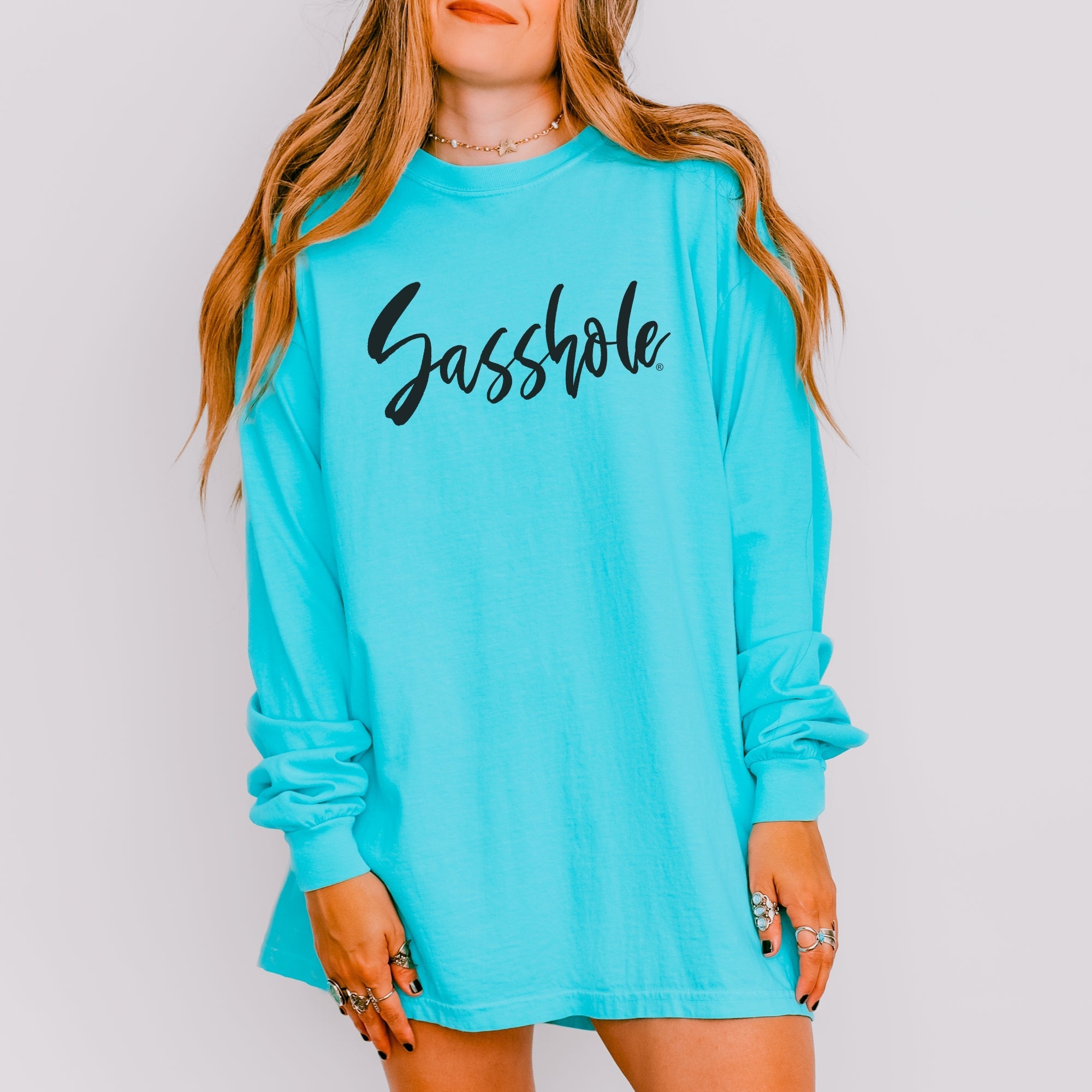 Image of Bold Script Sasshole – Women’s Long Sleeve T-Shirt – Minimalist Statement Tee | Sasshole® - Funny Graphic Tee by Sasshole® Clothing
