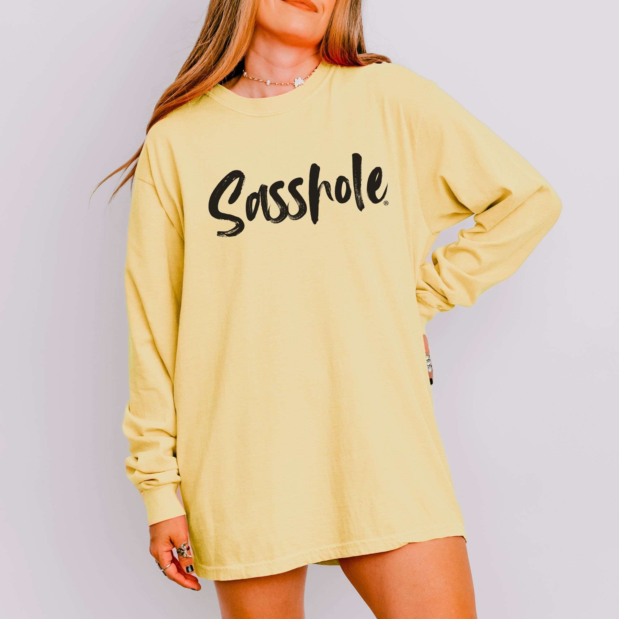 Image of Bold Script Sasshole® – Women’s Relaxed Fit Long Sleeve T-Shirt | Minimalist Graphic Tee | Sasshole® - Funny Graphic Tee by Sasshole® Clothing