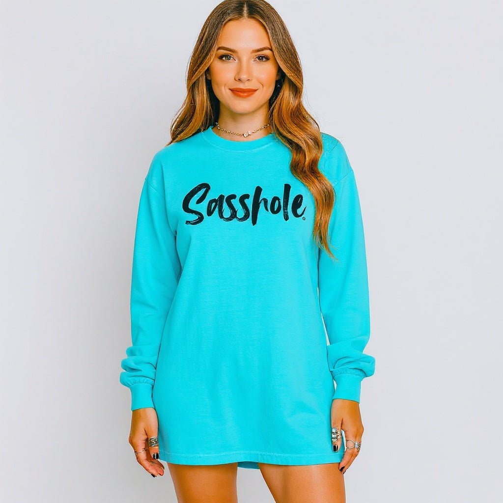 Image of Bold Script Sasshole® – Women’s Relaxed Fit Long Sleeve T-Shirt | Minimalist Graphic Tee | Sasshole® - Funny Graphic Tee by Sasshole® Clothing