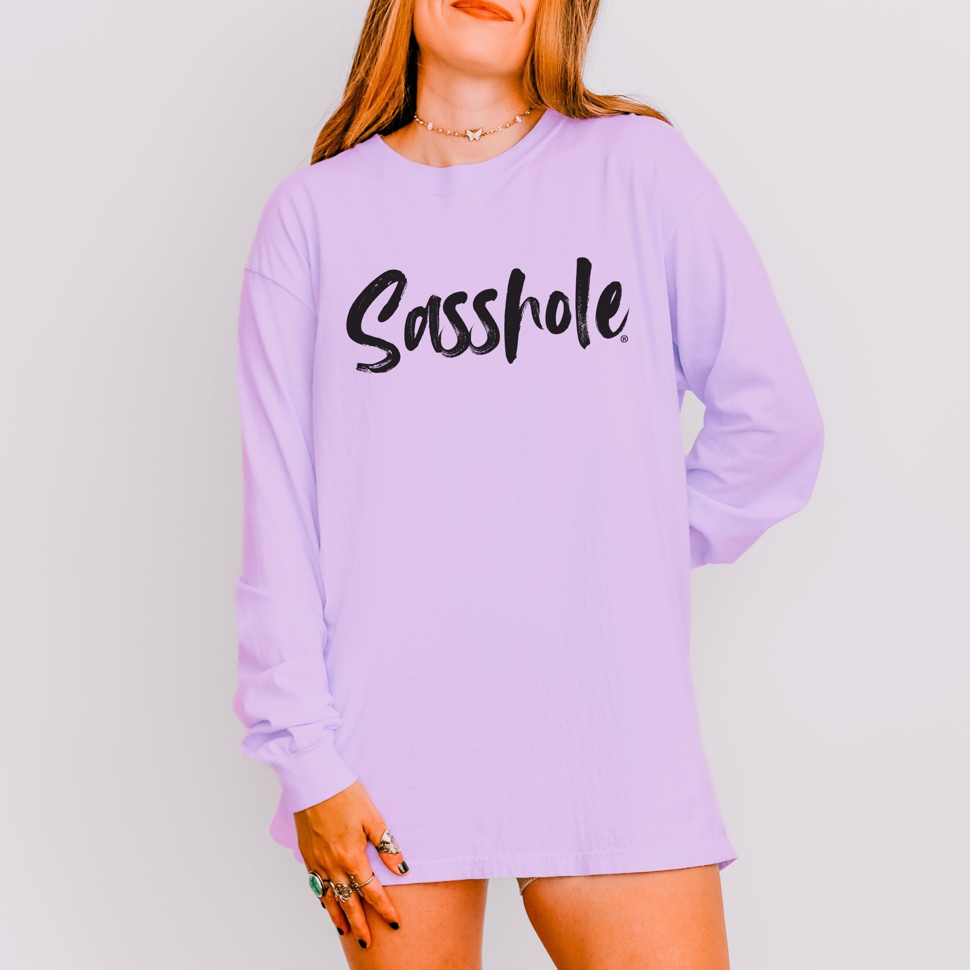 Image of Bold Script Sasshole® – Women’s Relaxed Fit Long Sleeve T-Shirt | Minimalist Graphic Tee | Sasshole® - Funny Graphic Tee by Sasshole® Clothing