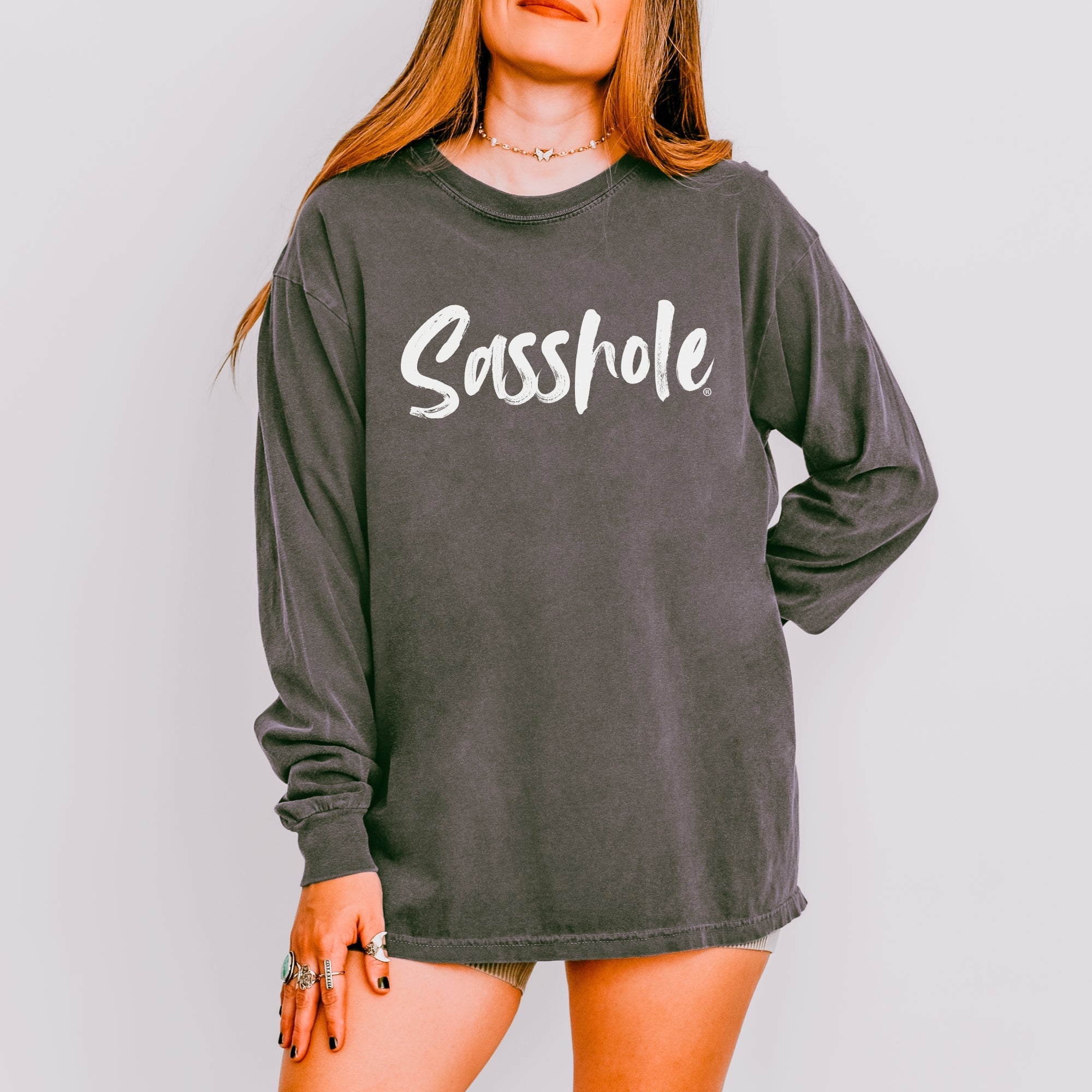 Image of Bold Script Sasshole® – Women’s Relaxed Fit Long Sleeve T-Shirt | Minimalist Graphic Tee | Sasshole® - Funny Graphic Tee by Sasshole® Clothing