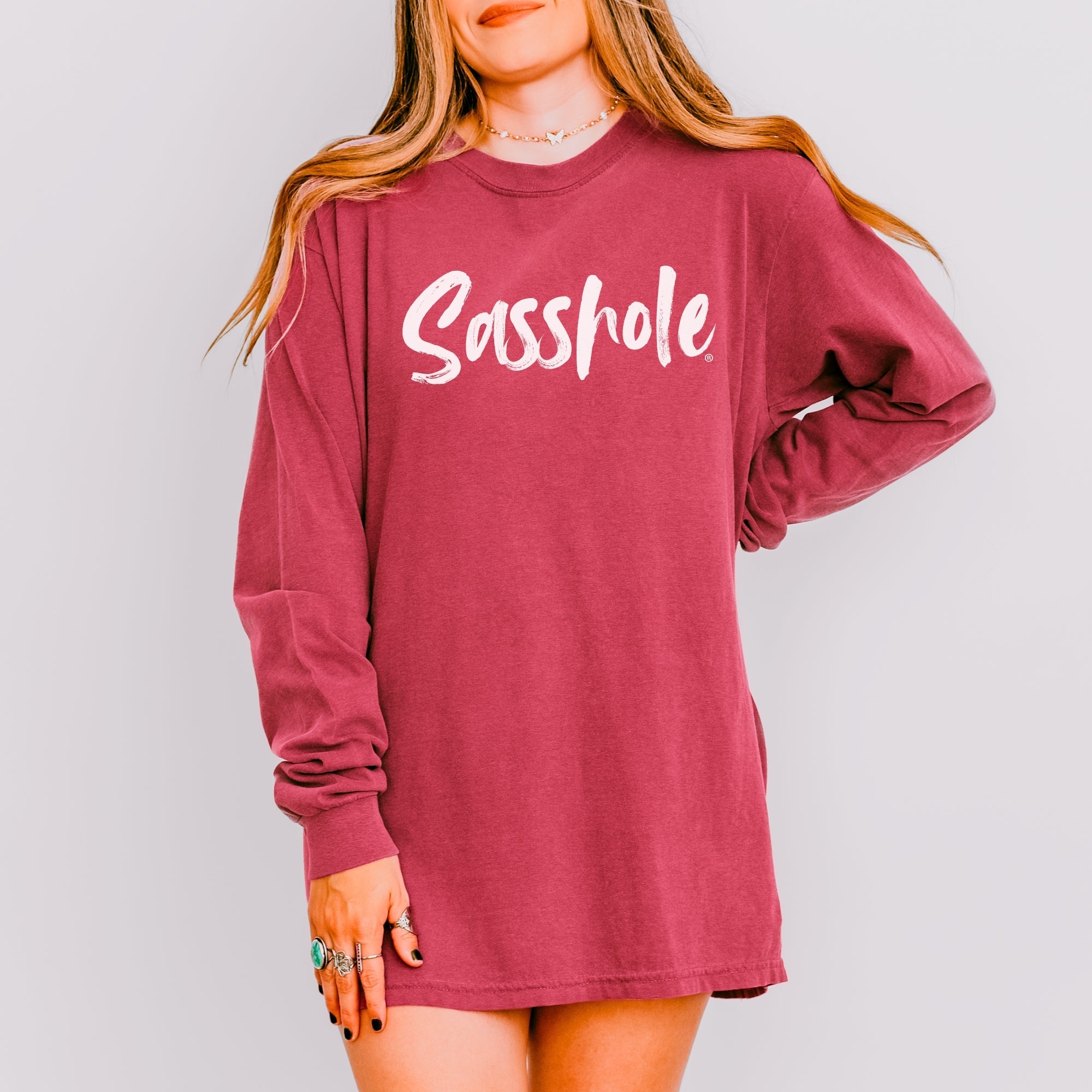 Image of Bold Script Sasshole® – Women’s Relaxed Fit Long Sleeve T-Shirt | Minimalist Graphic Tee | Sasshole® - Funny Graphic Tee by Sasshole® Clothing