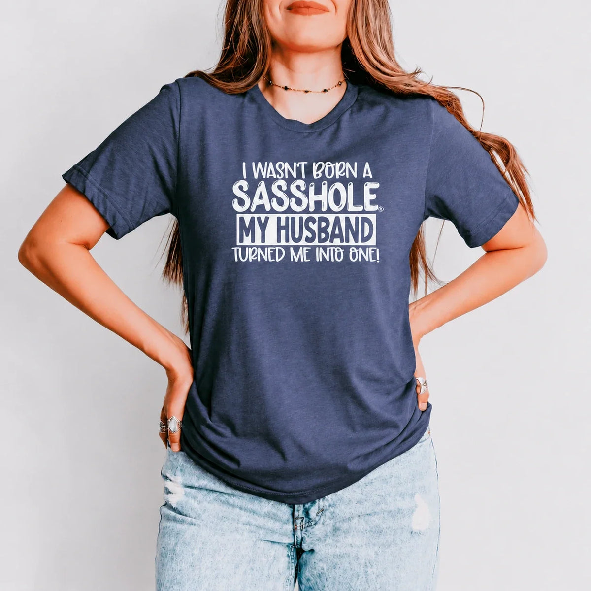 My Husband Bella+Canvas 3001 tee in Heather Navy, front view with updated official artwork.