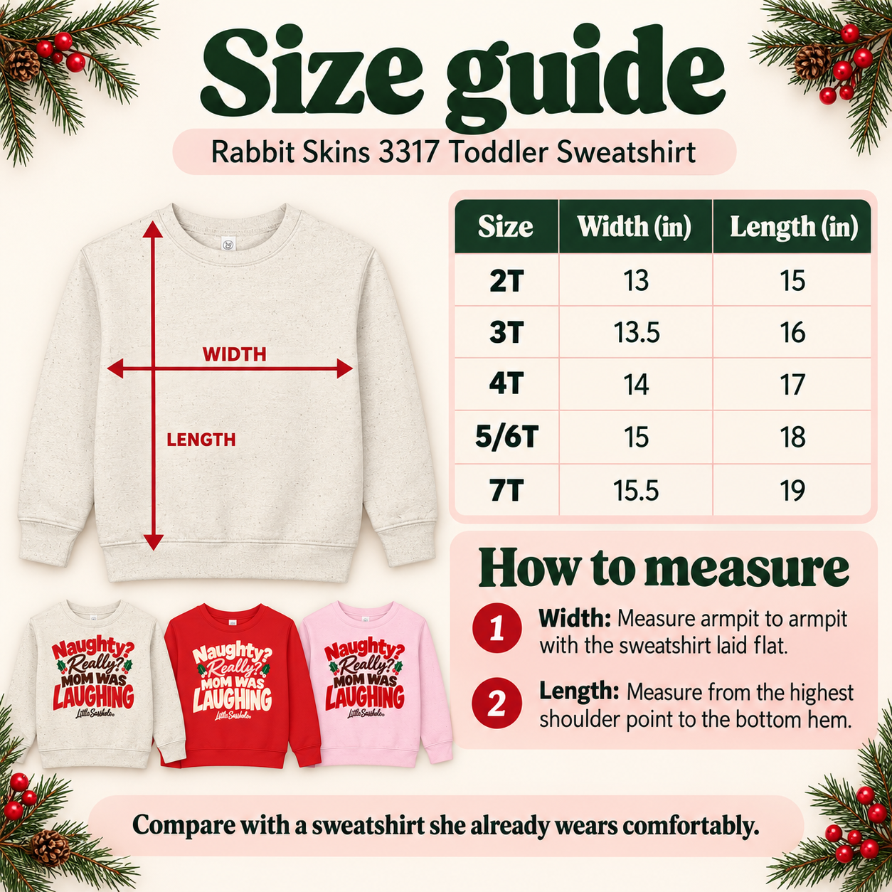 Image of Rabbit Skins 3317 toddler sweatshirt size chart in inches for sizes 2T, 3T, 4T, 5/6T, and 7T, with measuring instructions.