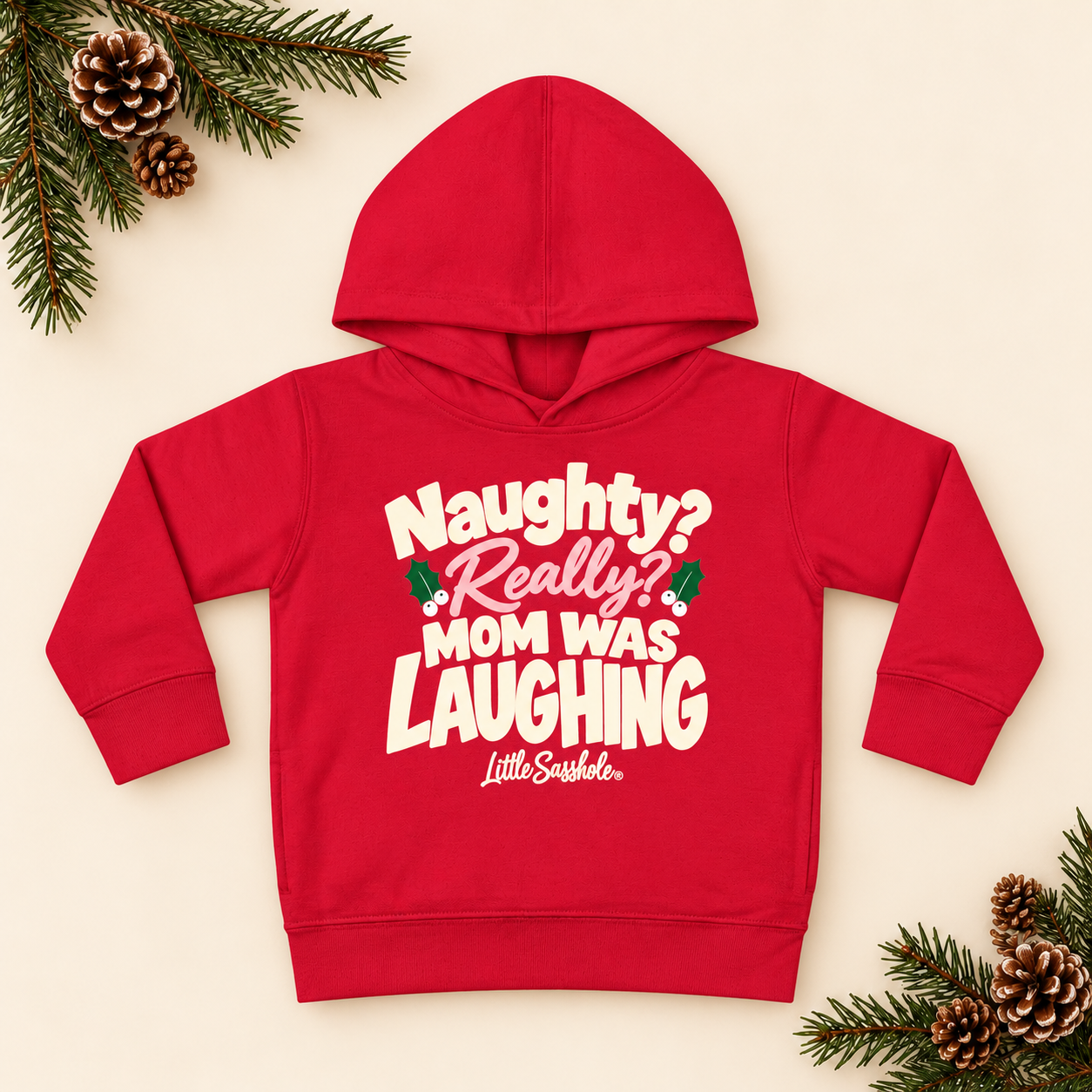 Image of Red Mom Was Laughing Rabbit Skins 3326 toddler hoodie with festive greenery.