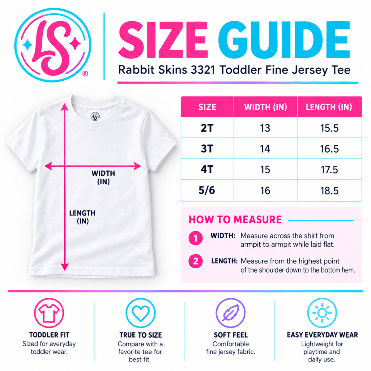 Rabbit Skins 3321 toddler tee size guide: widths 12, 13, 14 and 15 inches; lengths 15.5, 16.5, 17.5 and 18.5 inches.