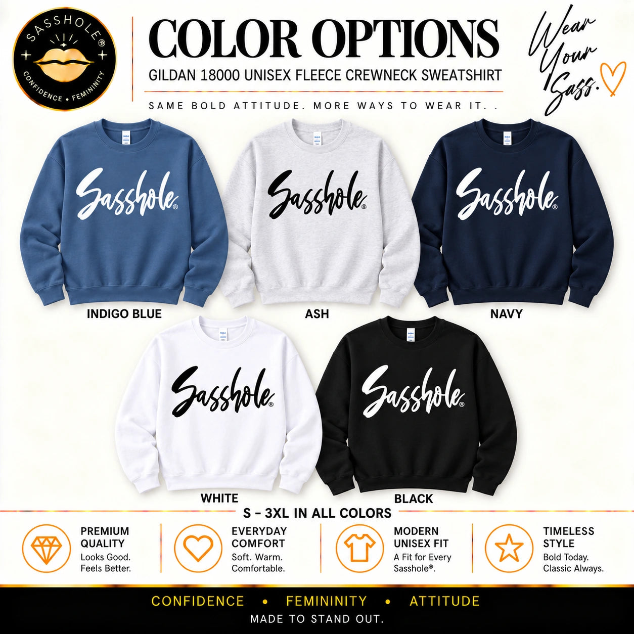 Image of Signature Script Sasshole sweatshirt color options: Indigo Blue, Ash, Navy, White, Black. S–3XL in all colors.