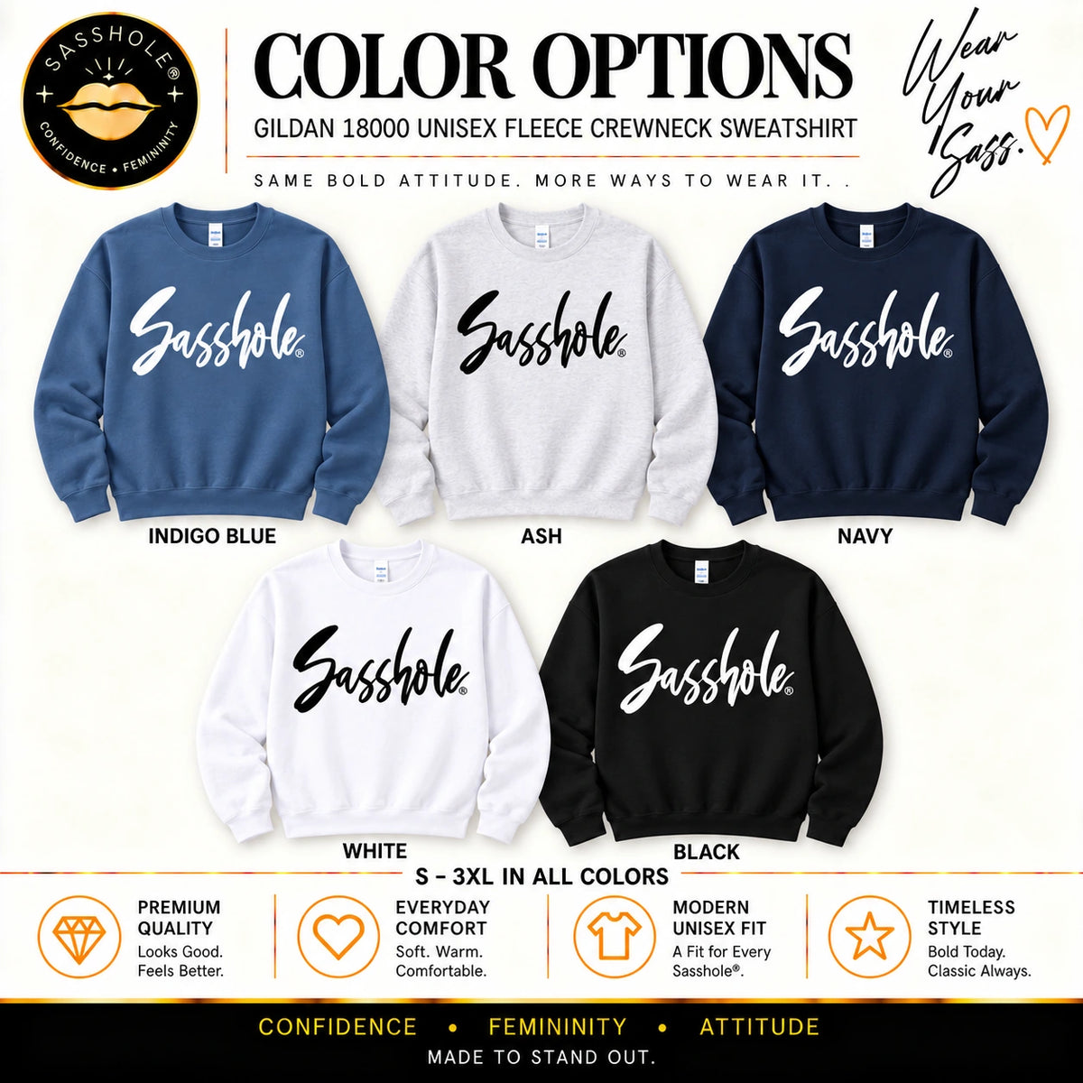 Signature Script Sasshole sweatshirt color options: Indigo Blue, Ash, Navy, White, Black. S–3XL in all colors.