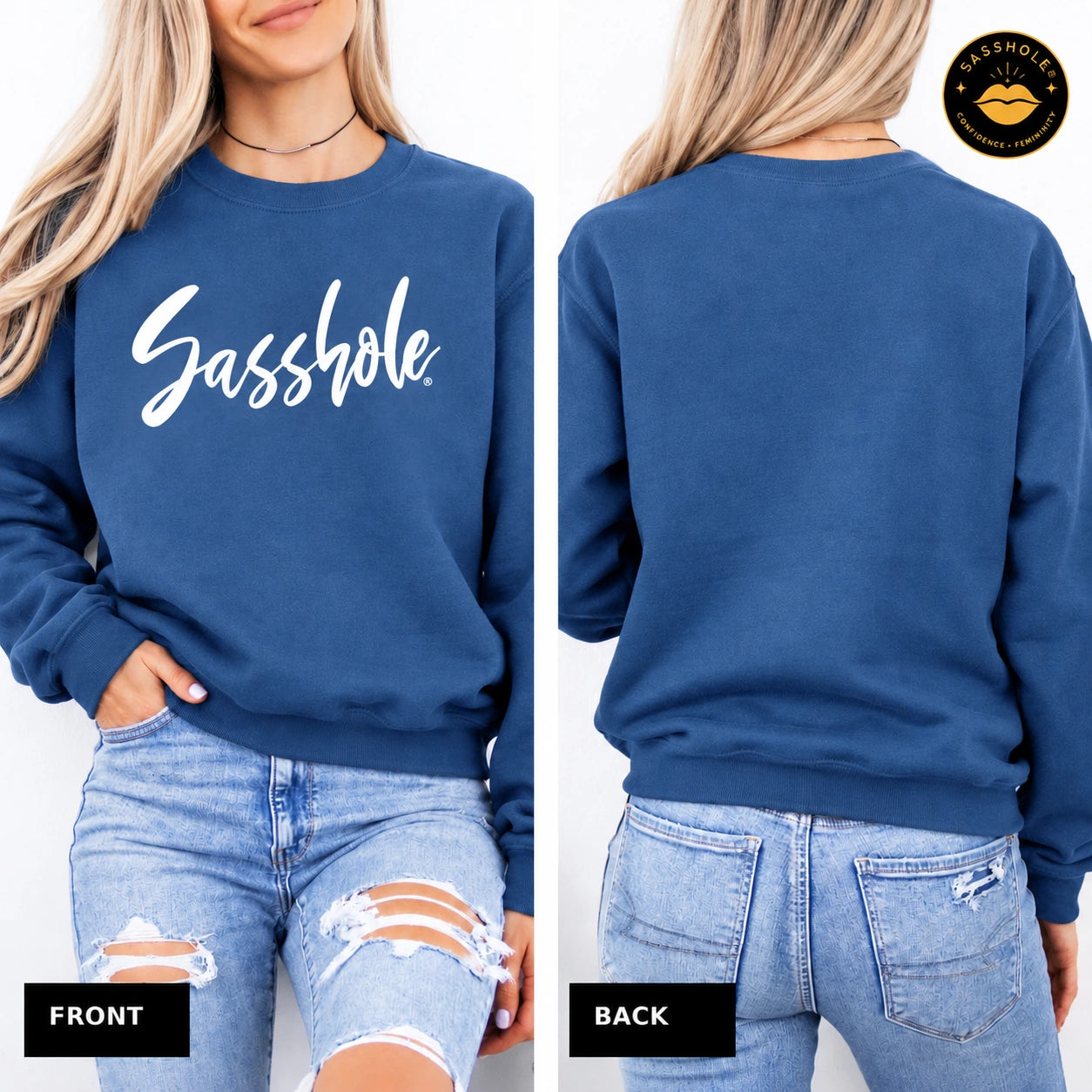 Image of Front and blank back of the Indigo Blue Signature Script Sasshole Gildan 18000 sweatshirt.