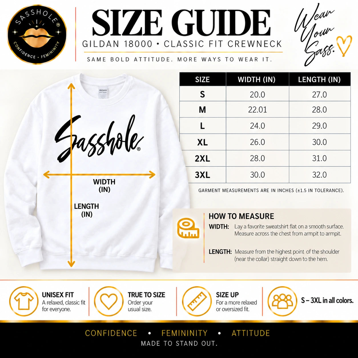 Image of Signature Script Sasshole Gildan 18000 size guide in inches. S–3XL in all colors. Width measured armpit to armpit; tolerance ±1.5 inches.