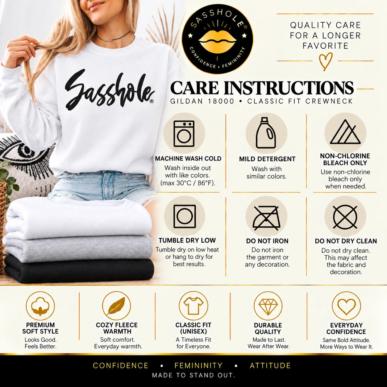 Image of Gildan 18000 care instructions: cold wash inside out, mild detergent, non-chlorine bleach if needed, tumble dry low, do not iron or dry clean.