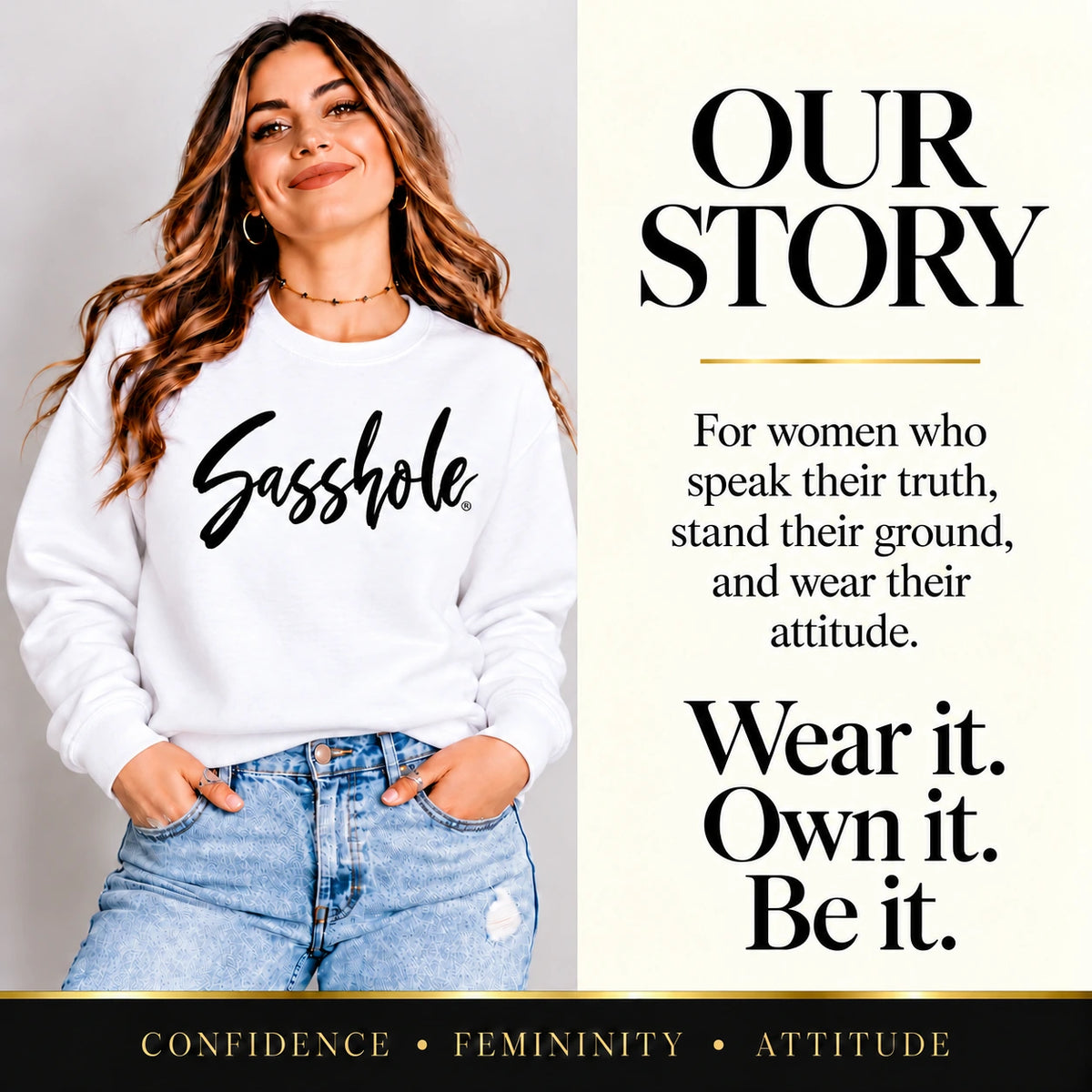 Sasshole brand story with a model wearing the White Signature Script Sasshole crewneck sweatshirt.