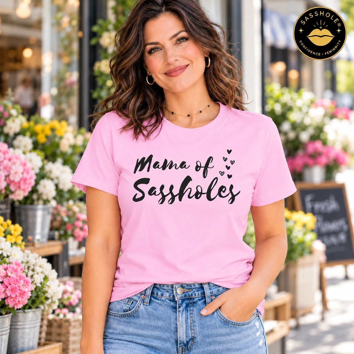 Mama of Sassholes Bella+Canvas 3001 tee in Pink, lifestyle front view.