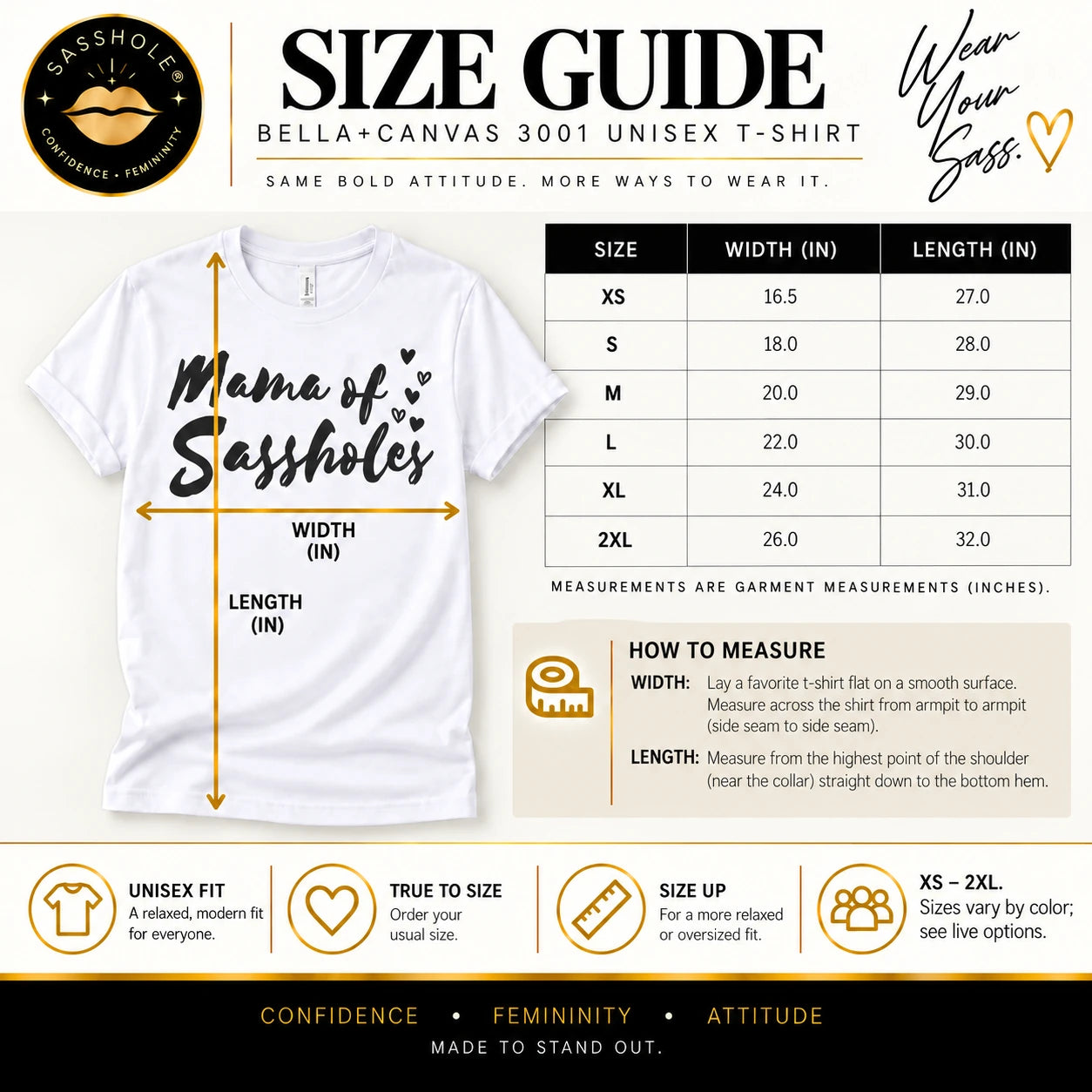 Image of Mama of Sassholes size guide, XS to 2XL; garment width and length in inches. Sizes vary by color.