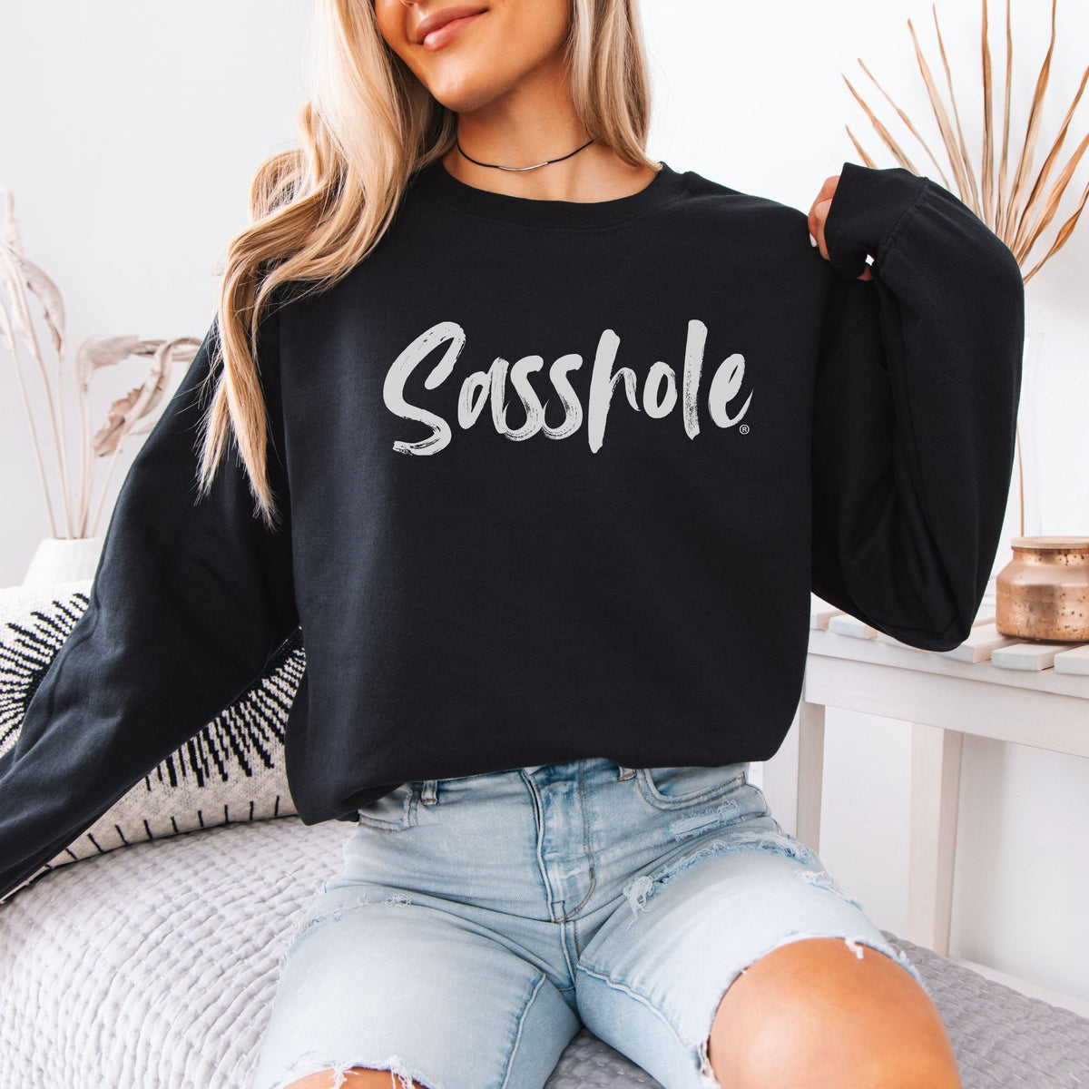 Signature Script Sasshole Gildan 18000 classic-fit crewneck sweatshirt in Black, showing the official front print.