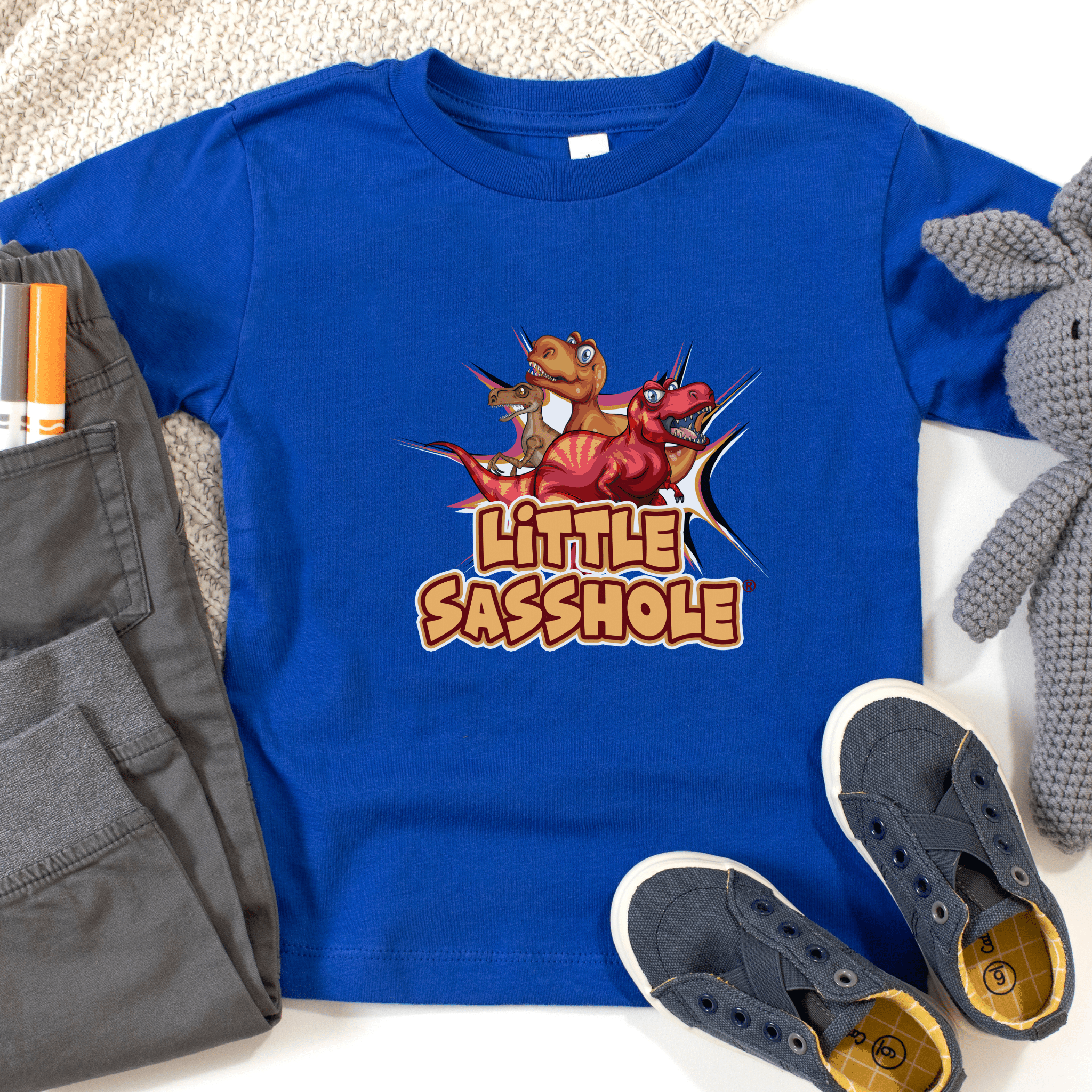 Image of Tiny T - Rex, Big Sass: Little Sasshole™ Toddler Boy's Short Sleeve Tee - Funny Graphic Tee by Sasshole® Clothing