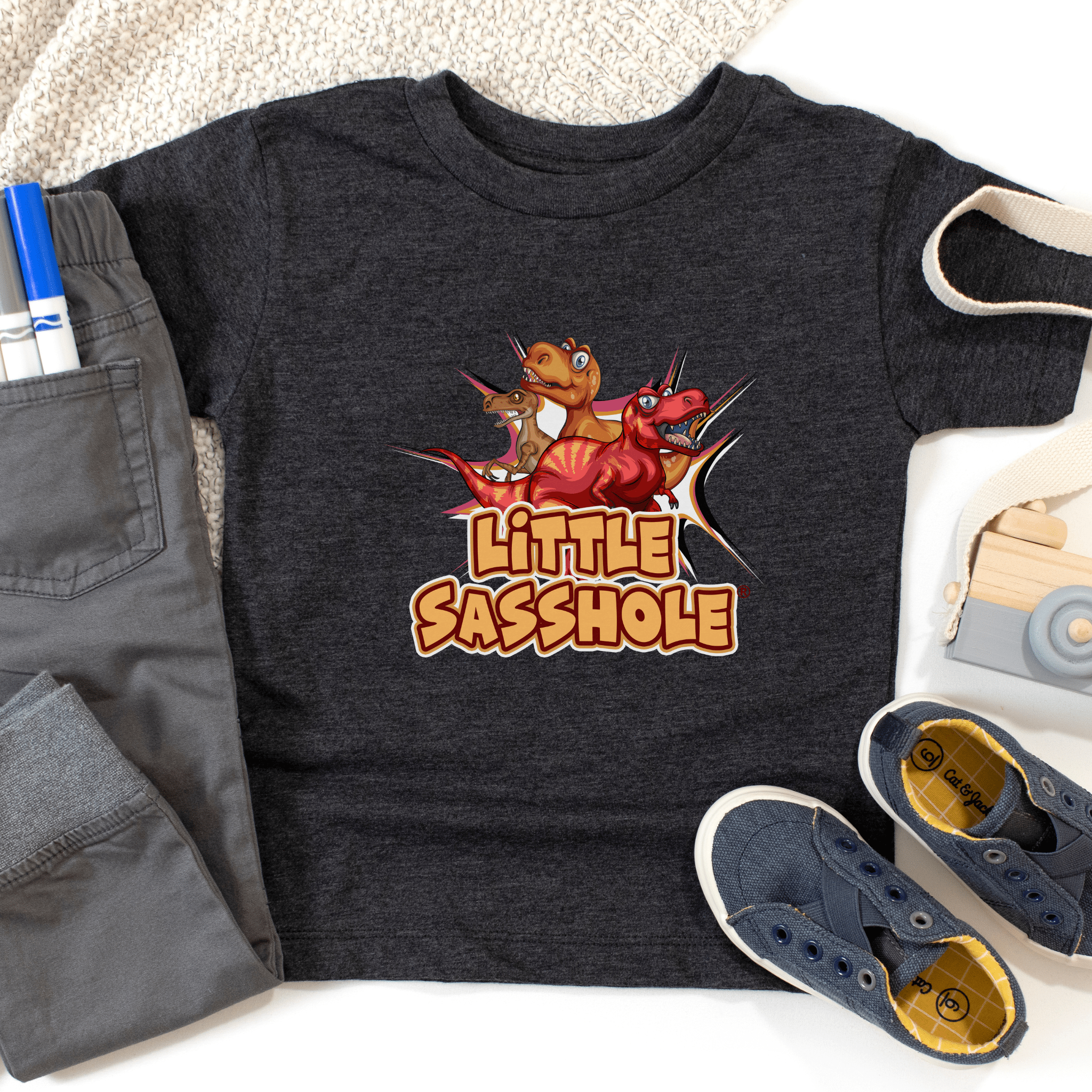 Image of Tiny T - Rex, Big Sass: Little Sasshole™ Toddler Boy's Short Sleeve Tee - Funny Graphic Tee by Sasshole® Clothing