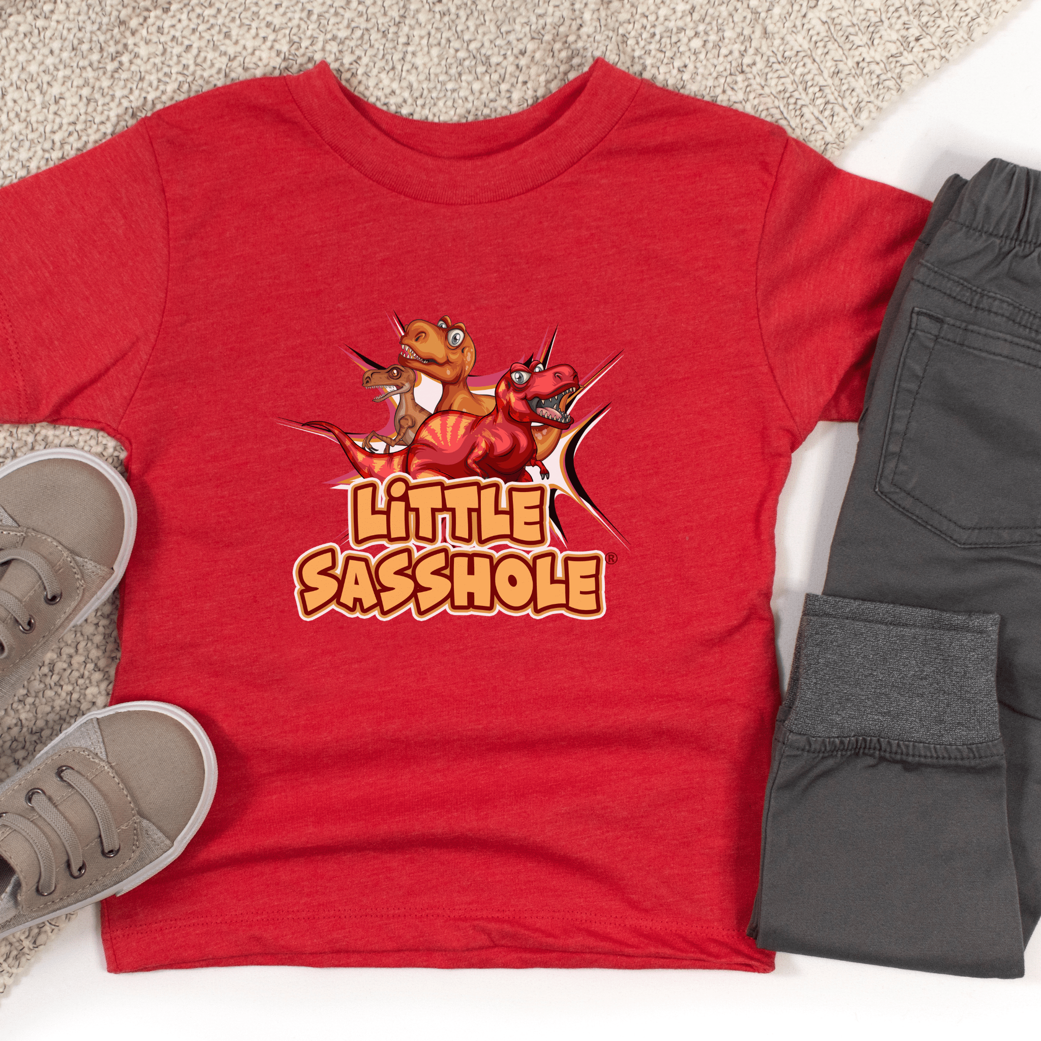 Tiny T - Rex, Big Sass: Little Sasshole™ Toddler Boy's Short Sleeve Tee - Funny Graphic Tee by Sasshole® Clothing