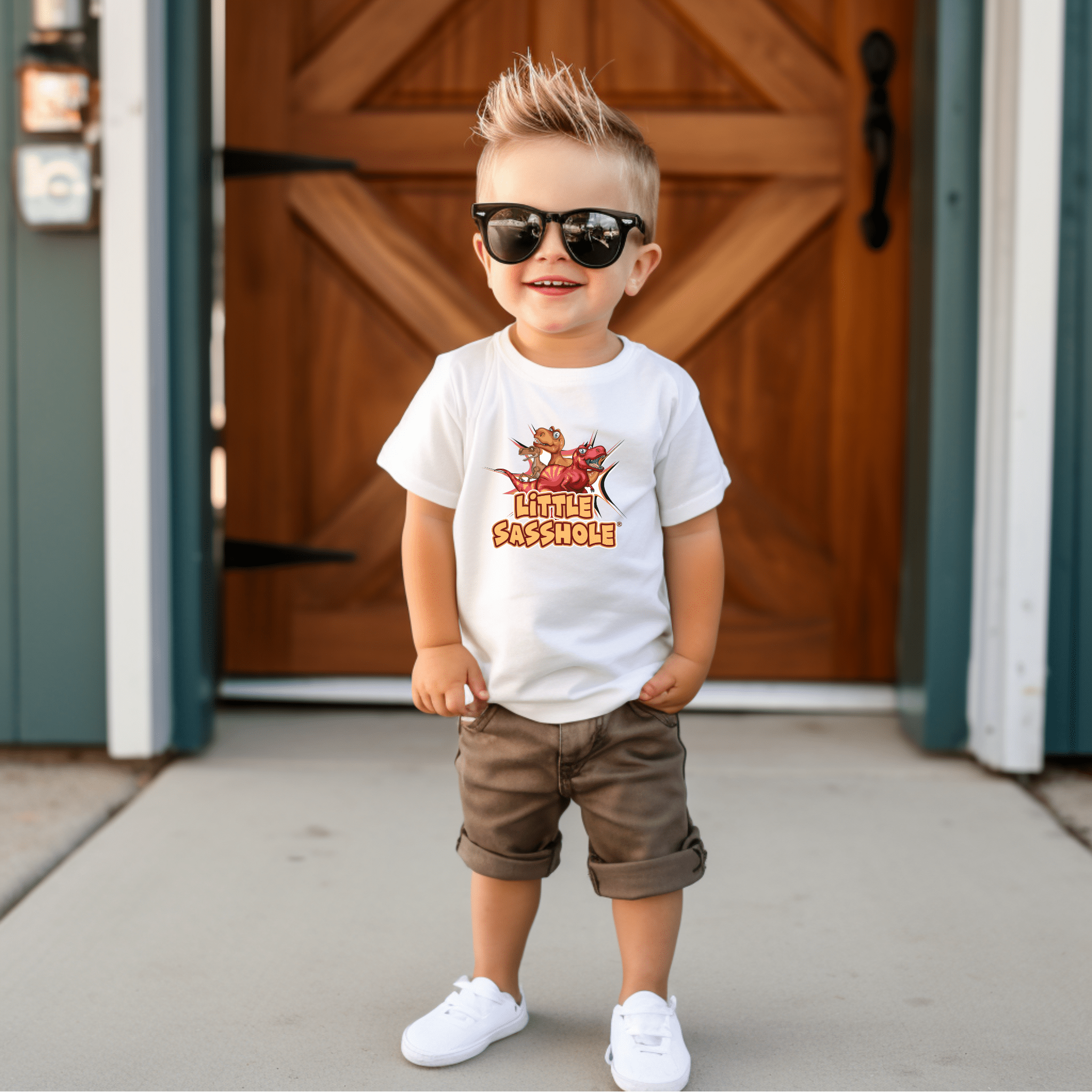 Tiny T - Rex, Big Sass: Little Sasshole™ Toddler Boy's Short Sleeve Tee - Funny Graphic Tee by Sasshole® Clothing